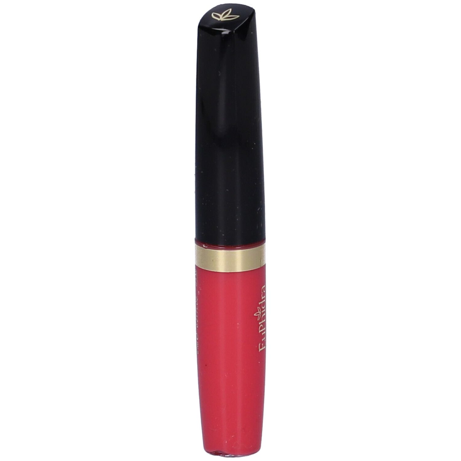 Flacone di lucidalabbra rosso, tappo nero, anello dorato. Scritte sul prodotto.