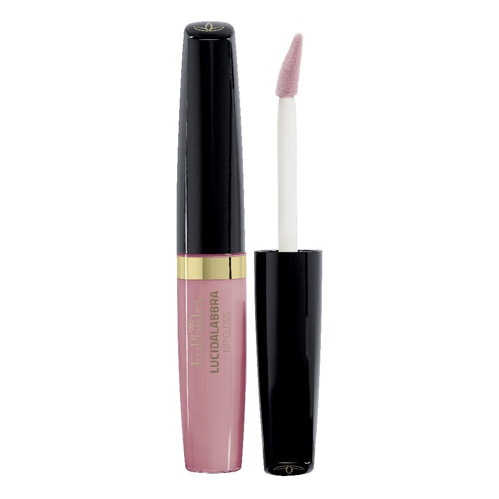 Lucidalabbra rosa in flacone nero e trasparente. Applicatore visibile. Scritta "Lucidalabbra".