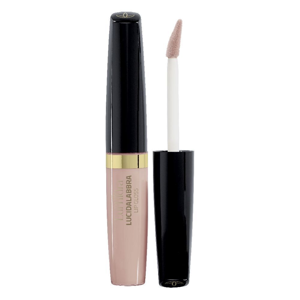 Tubo di lucidalabbra con applicatore. Tappo nero, anello dorato, contenuto rosa. Scritta: LUCIDALABBRA LIP GLOSS.