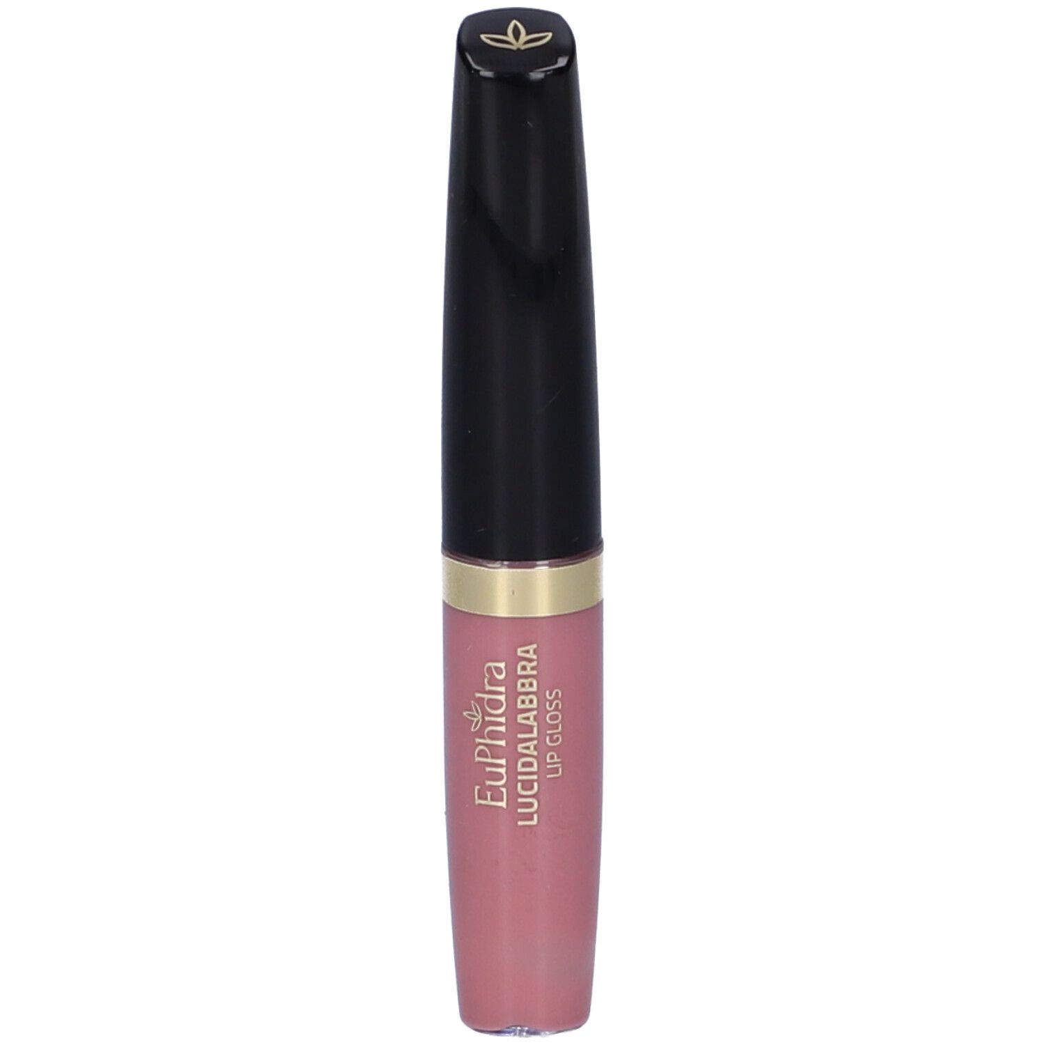 Tubo di lucidalabbra, tappo nero, anello dorato, contenuto rosa. Scritta: Euphidra LUCIDALABBRA LIP GLOSS.