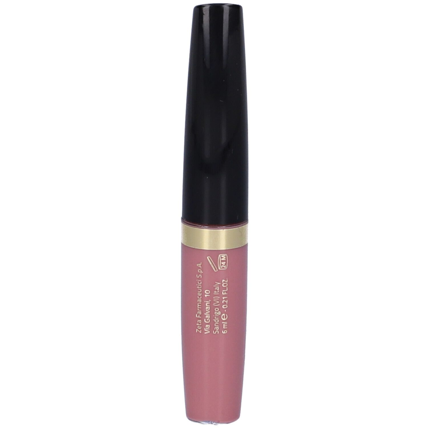 Tubo di lucidalabbra, tappo nero, anello dorato, contenuto rosa. Scritta: Euphidra LUCIDALABBRA LIP GLOSS.