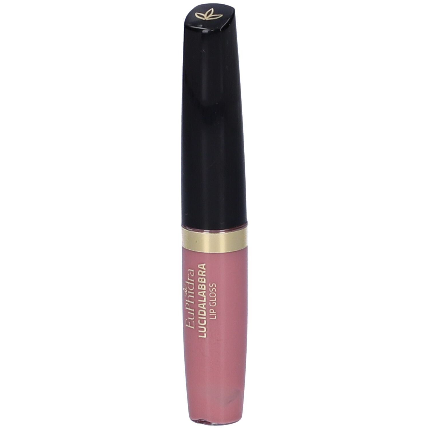 Tubo di lucidalabbra, tappo nero, anello dorato, contenuto rosa. Scritta: Euphidra LUCIDALABBRA LIP GLOSS.