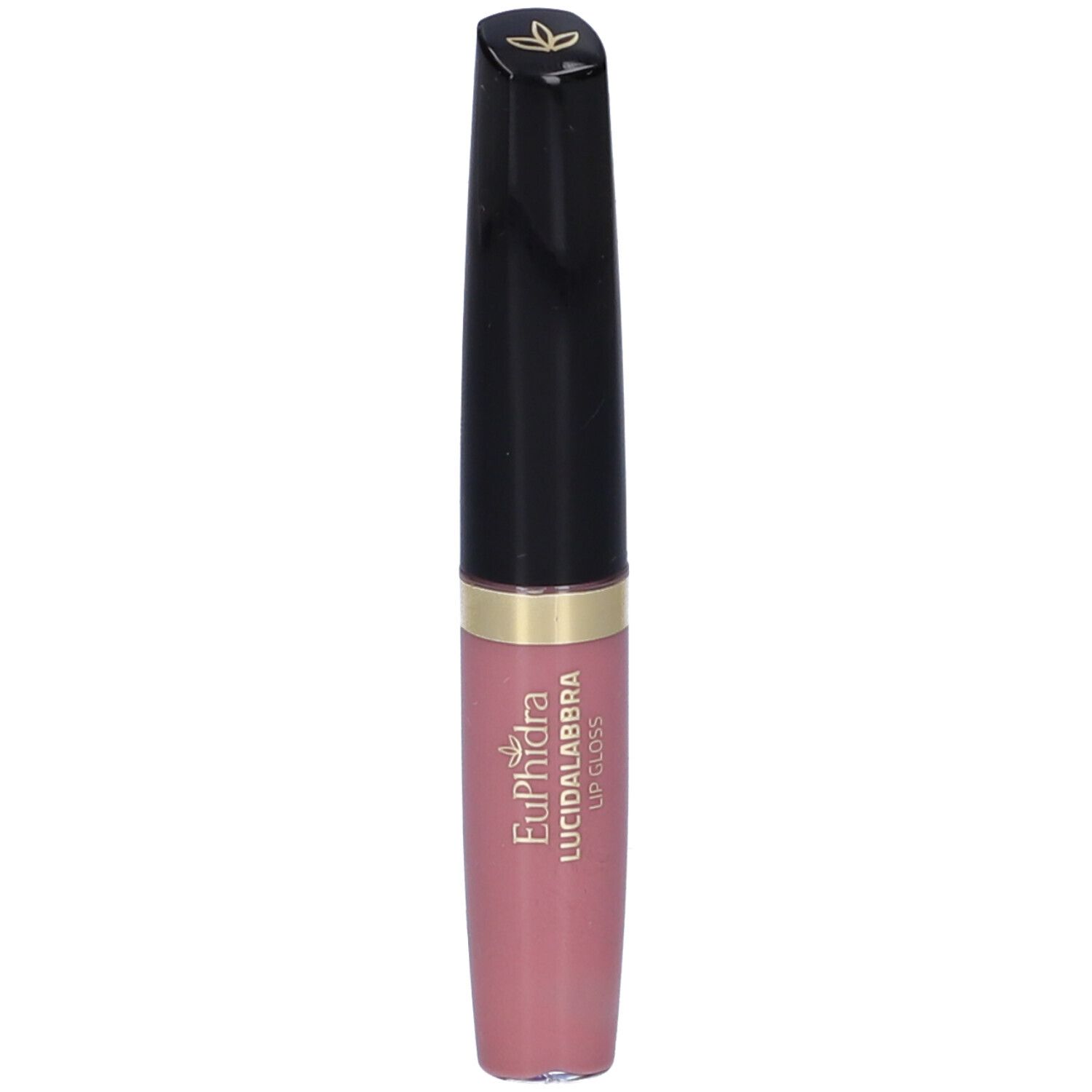 Tubo di lucidalabbra, tappo nero, anello dorato, contenuto rosa. Scritta: Euphidra LUCIDALABBRA LIP GLOSS.