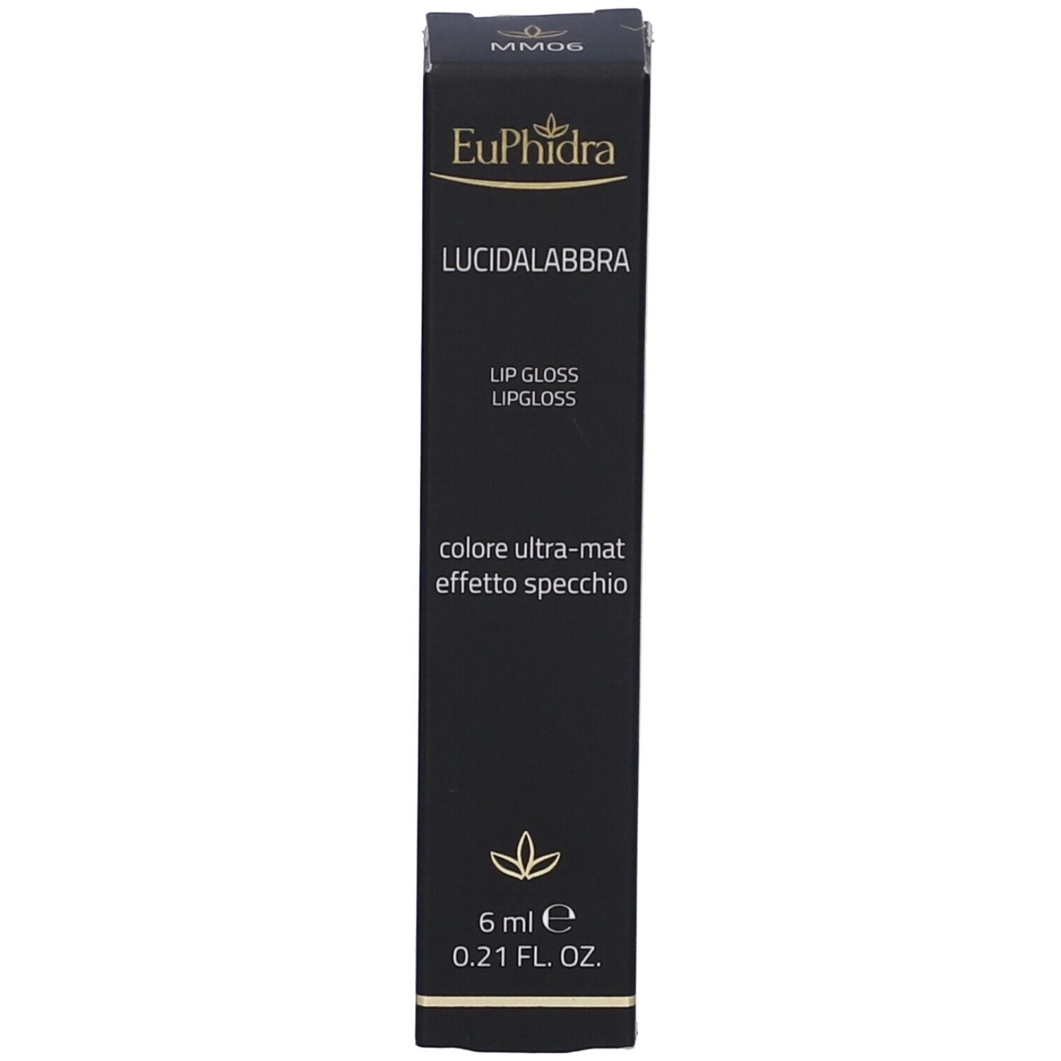 Confezione nera con nome del prodotto e logo. Scritta: Euphidra LUCIDALABBRA LIP GLOSS. Contenuto: 6 ml, 0.21 FL. OZ.