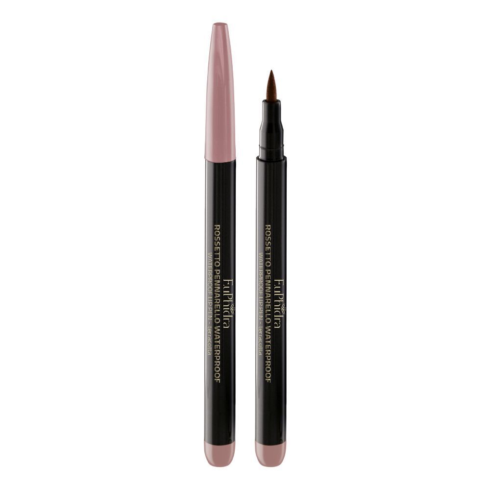 Due penne. Una con cappuccio rosa, l'altra con punta marrone. Scritta: Euphidra Rossetto Pennarello Waterproof.