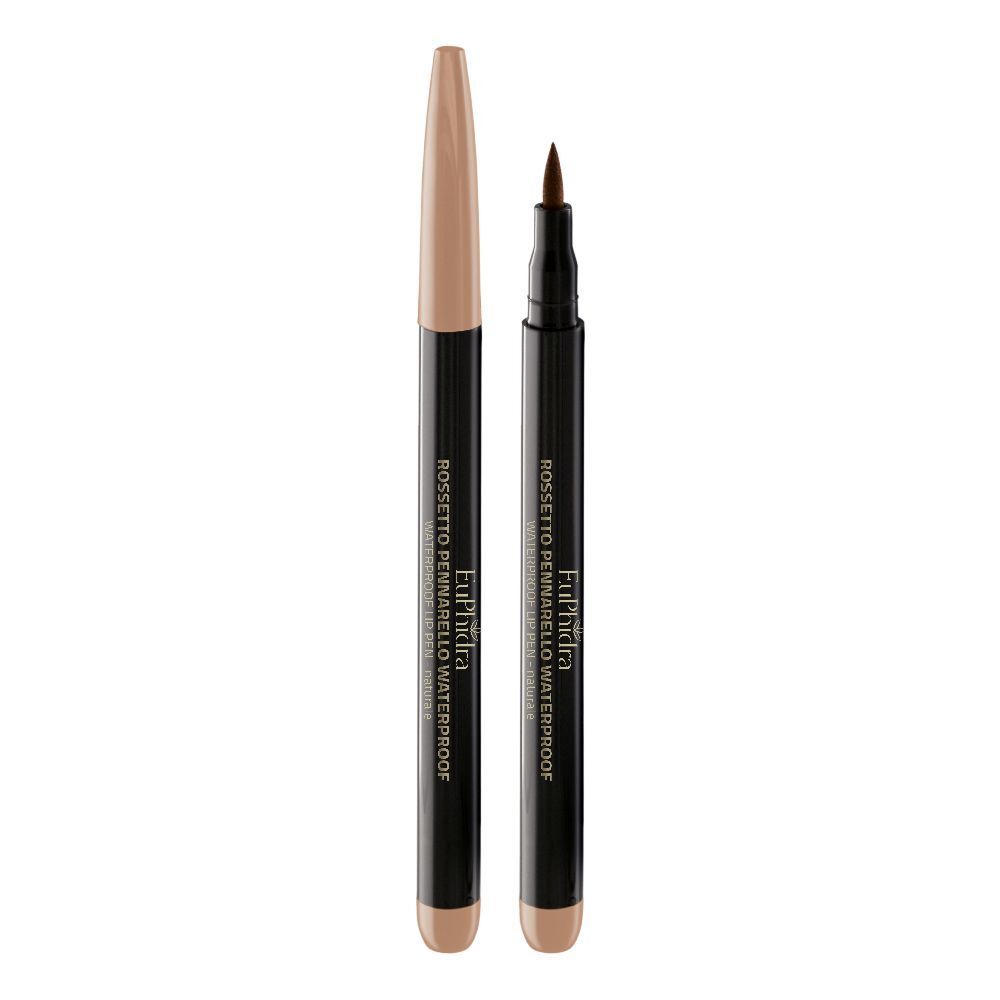 Due penne nere con estremità e cappucci beige. Scritta "Euphidra Rossetto Pennarello Waterproof" sulle penne.