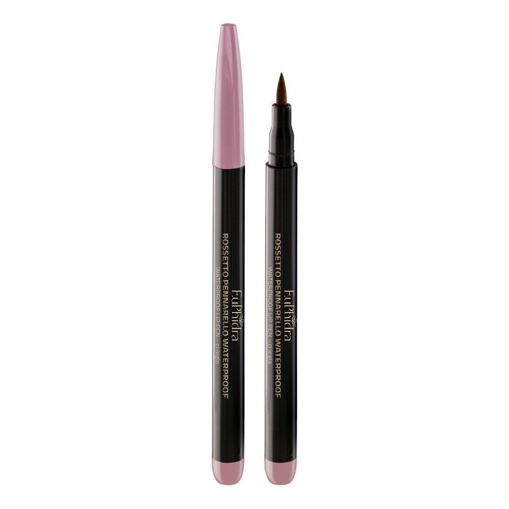 Due penne. Una è chiusa, l'altra aperta. Entrambe hanno un cappuccio rosa e un corpo nero. Scritta: Euphidra Rossetto Pennarello Waterproof.