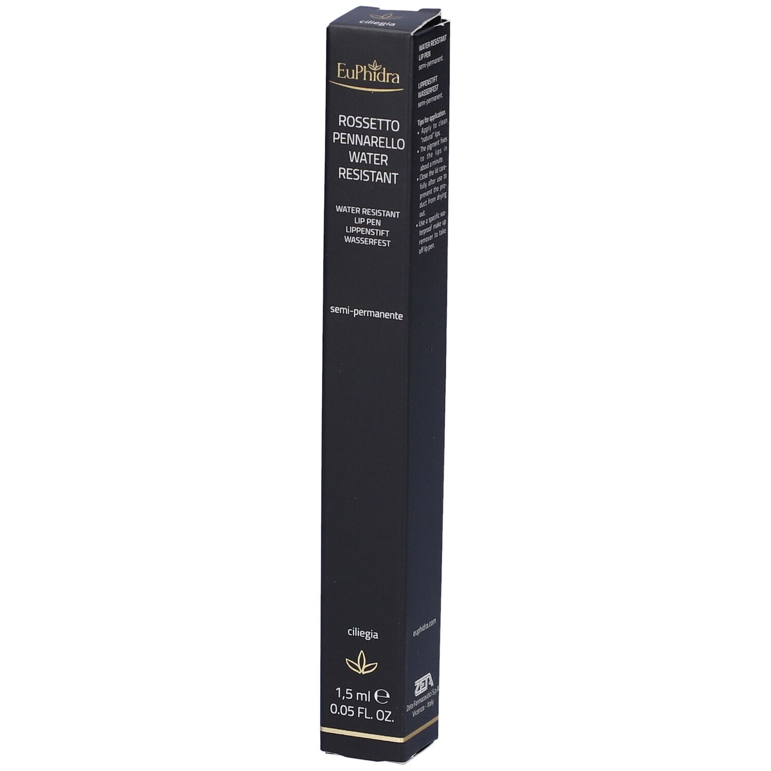 Confezione nera. Scritta: Euphidra Rossetto Pennarello Water Resistant. In basso: 1,5 ml, 0,05 FL OZ. Con il logo ZETA Farmaceutici.