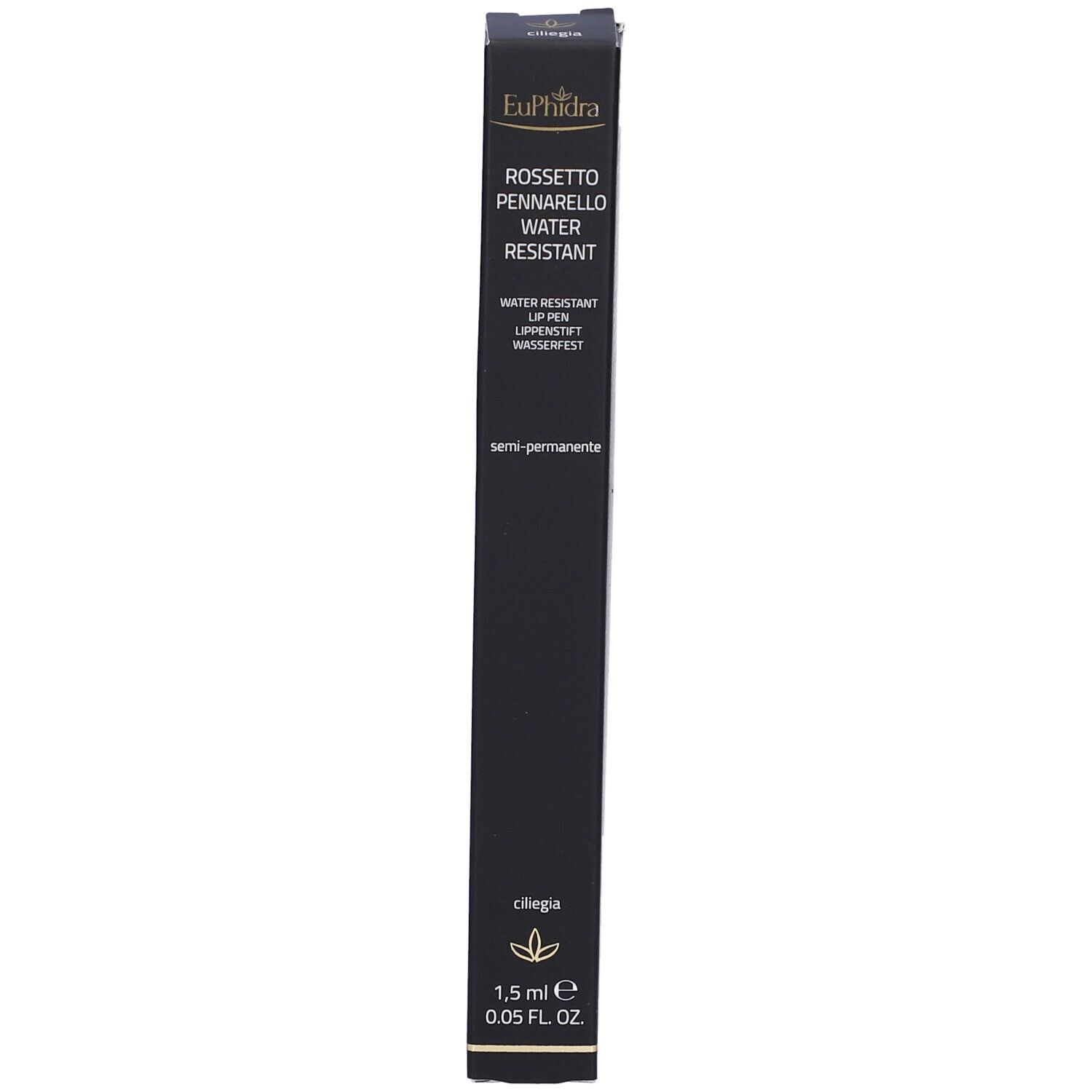 Confezione nera. Scritta: Euphidra Rossetto Pennarello Water Resistant. In basso: 1,5 ml, 0,05 FL OZ. Con il logo ZETA Farmaceutici.