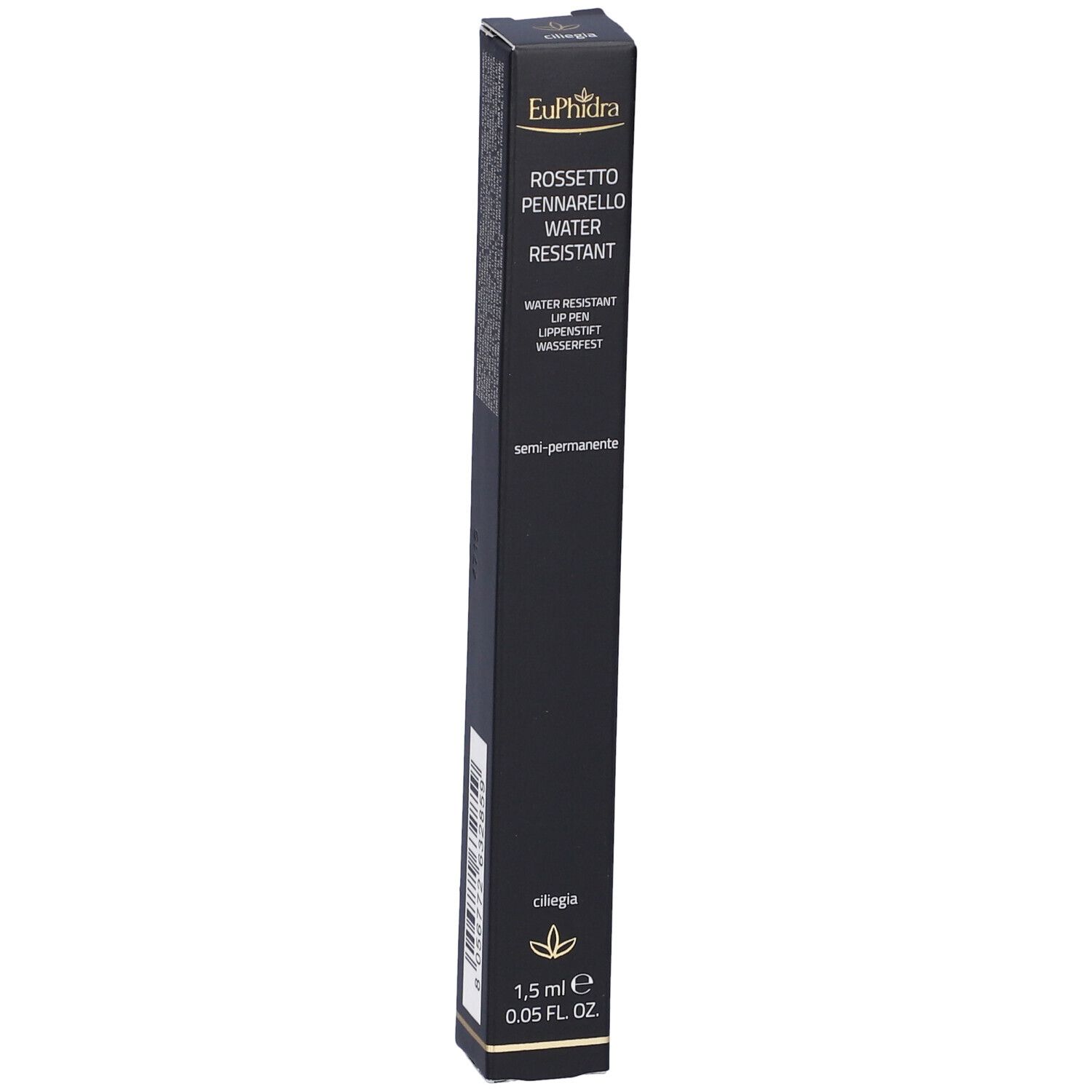 Confezione nera. Scritta: Euphidra Rossetto Pennarello Water Resistant. In basso: 1,5 ml, 0,05 FL OZ. Con il logo ZETA Farmaceutici.