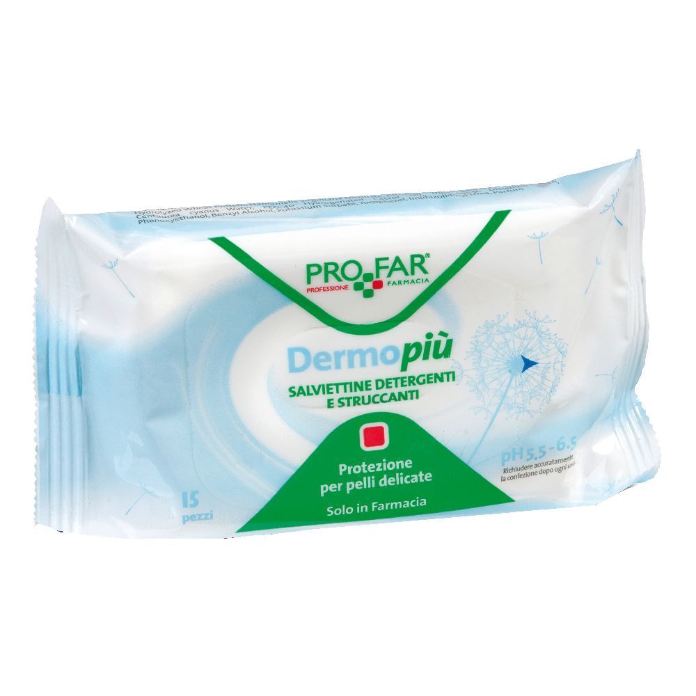 Confezione di salviettine struccanti. Marchio PRO-FAR, nome prodotto Dermopiù. Testo: Protezione per pelli delicate, 15 pezzi.