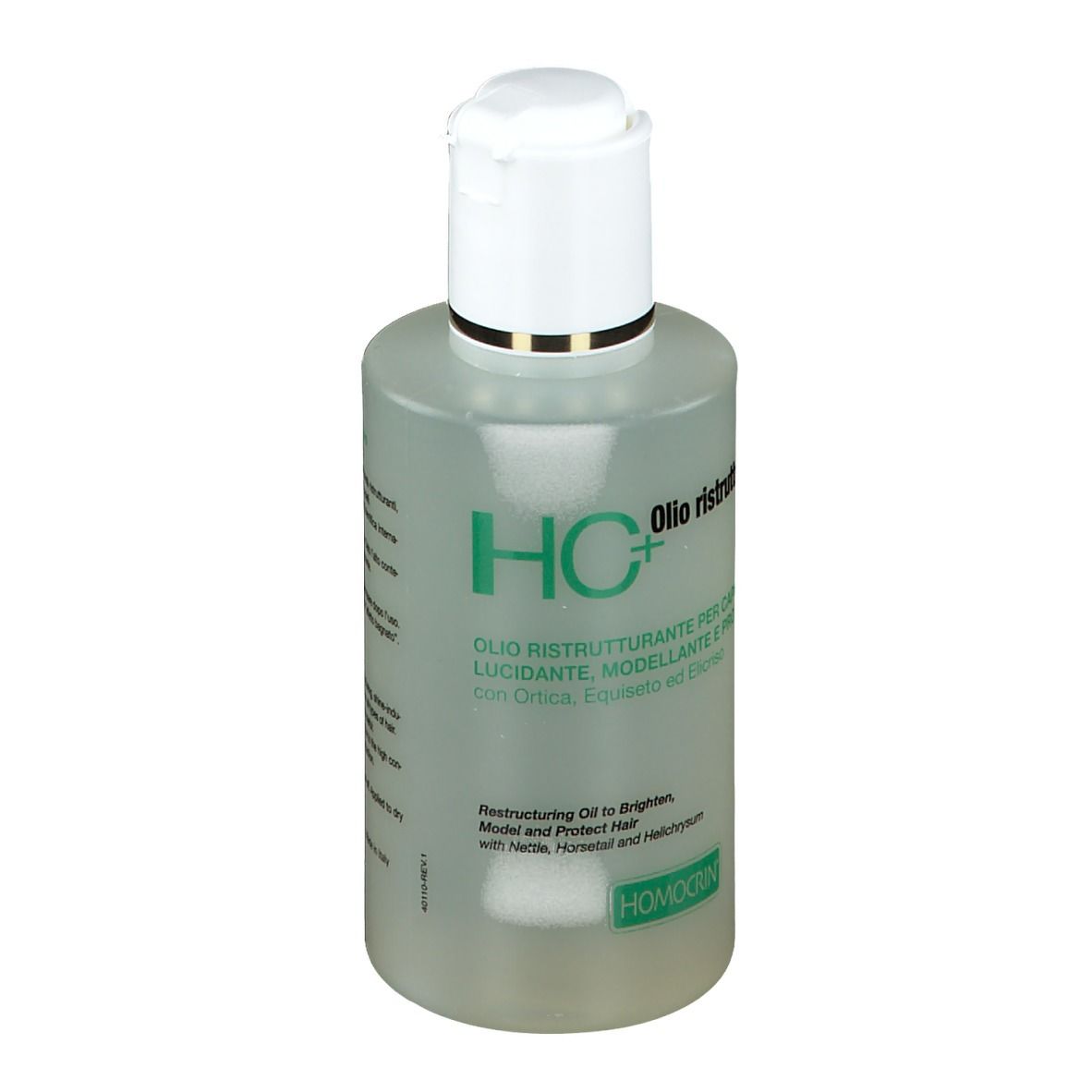 Flacone trasparente con tappo bianco. Nome del prodotto e testo. Logo HC+. Vista frontale.