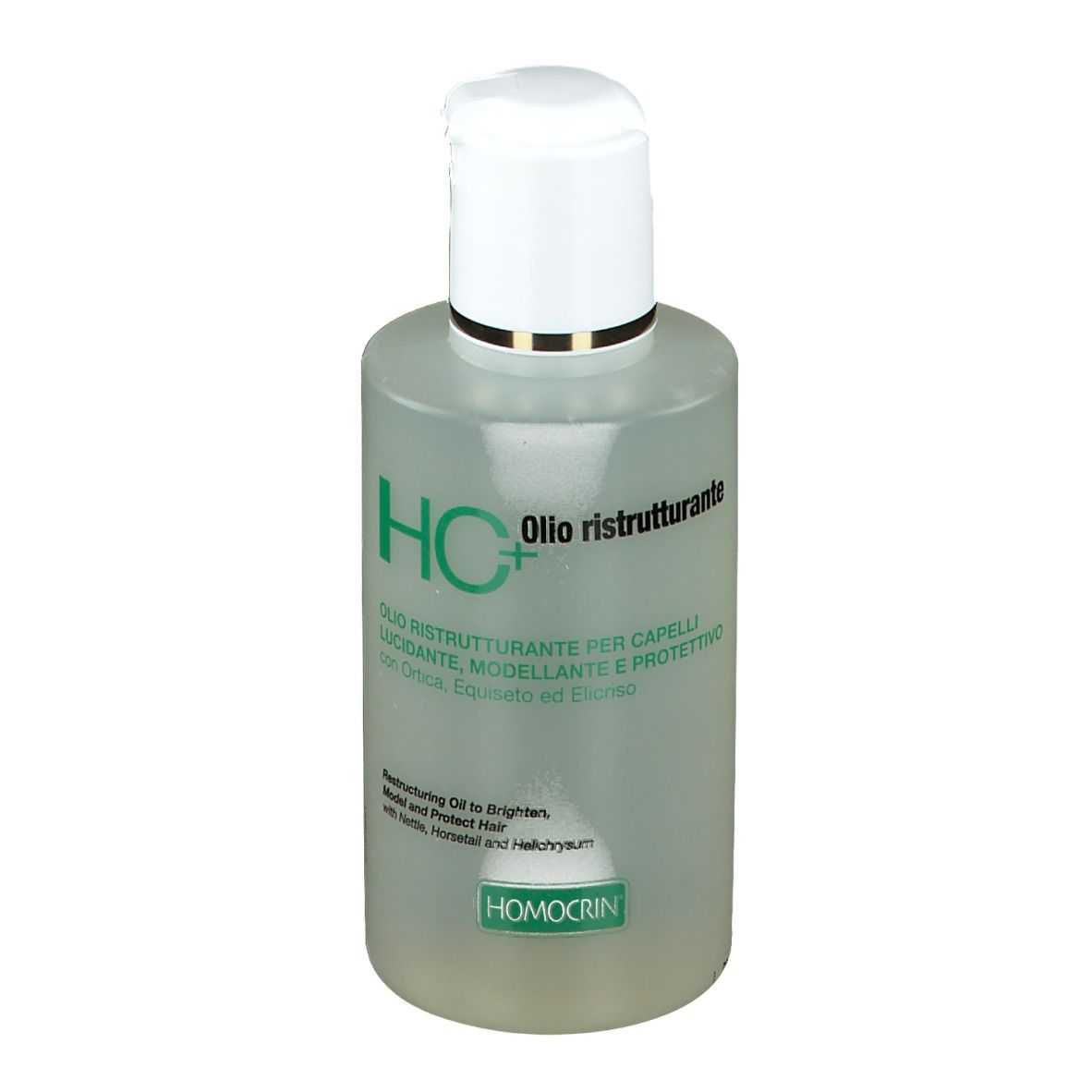 Flacone trasparente con tappo bianco. Nome del prodotto e testo. Logo HC+. Vista frontale.