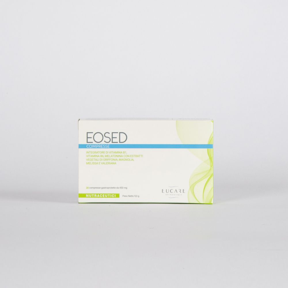 Scatola "Eosed Compresse". Accenti blu e verdi. Testo: "Integratore di vitamina B1, B6, melatonina". Marchio: Lucare.