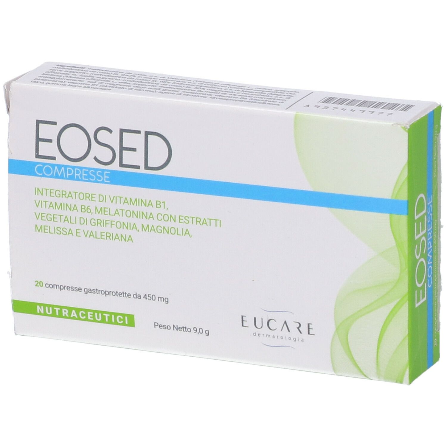 Scatola "Eosed Compresse". Contiene 20 compresse. Testo: "Integratore di vitamina B1, B6, melatonina". Marchio: Eucare.
