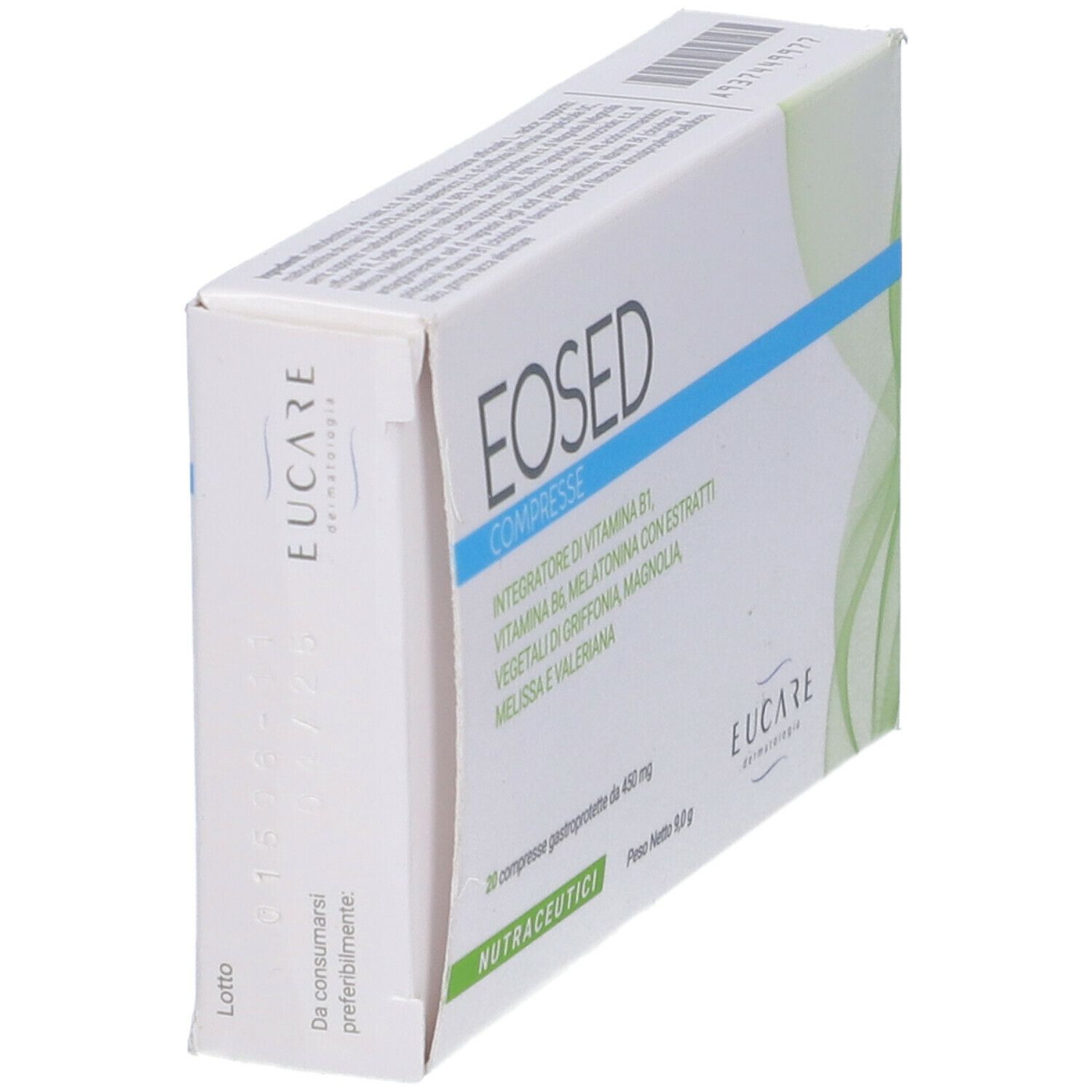 Scatola "Eosed Compresse". Testo: "Integratore di vitamina B1, B6, melatonina". Marchio: Eucare. 20 compresse. Vista laterale.