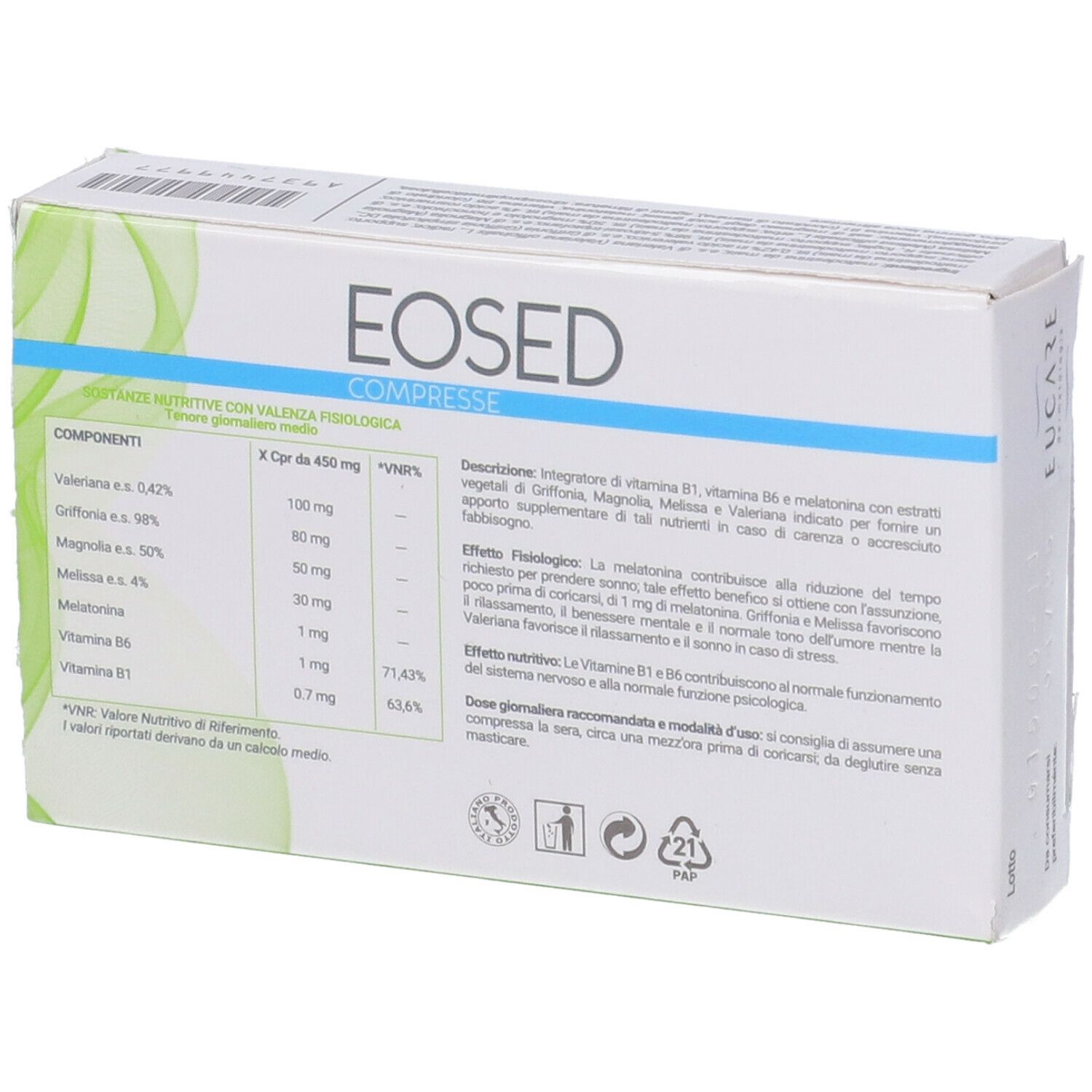 Retro della scatola "Eosed Compresse". Contiene informazioni sugli ingredienti e il dosaggio. Marchio: Eucare.