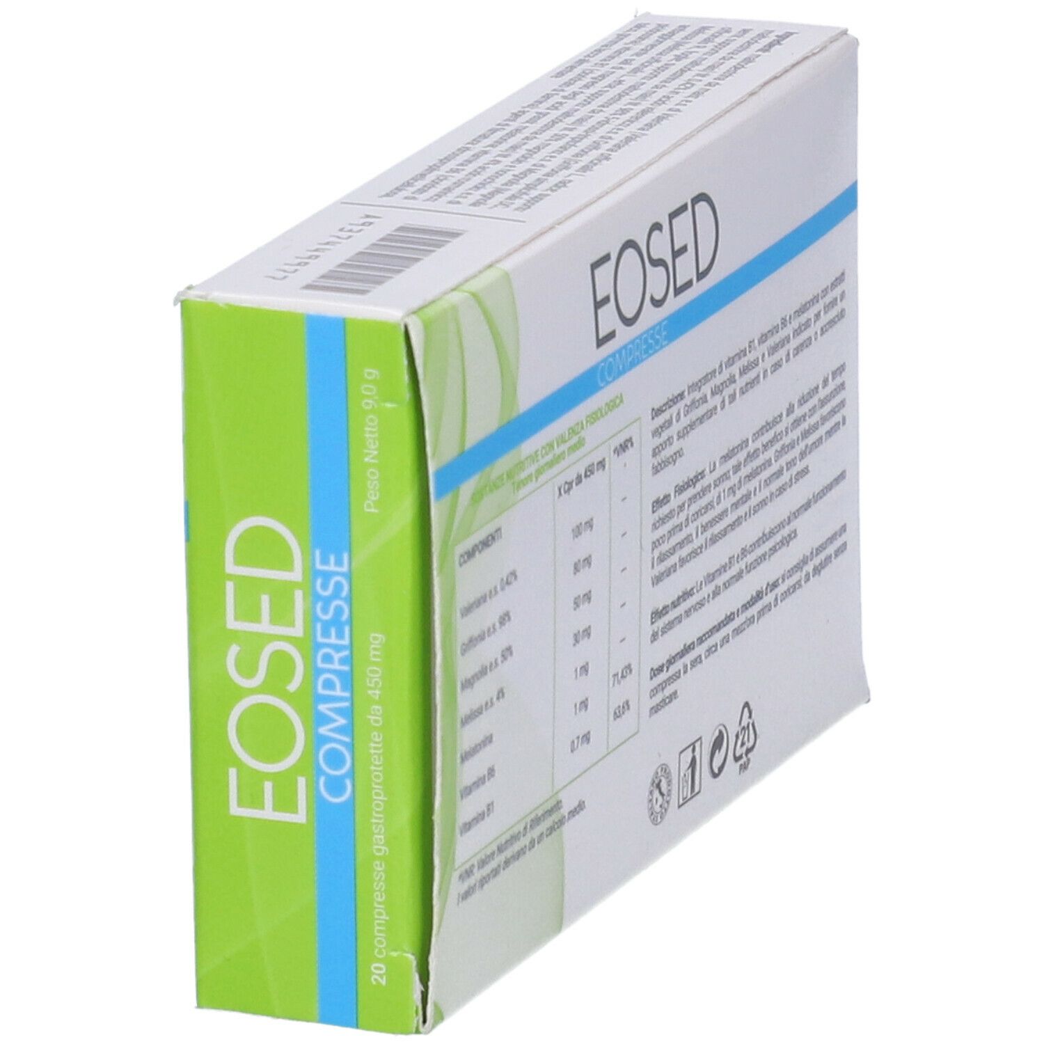 Scatola "Eosed Compresse". 20 compresse. Testo: "Integratore di vitamina B1, B6, melatonina". Marchio: Eucare. Vista obliqua.