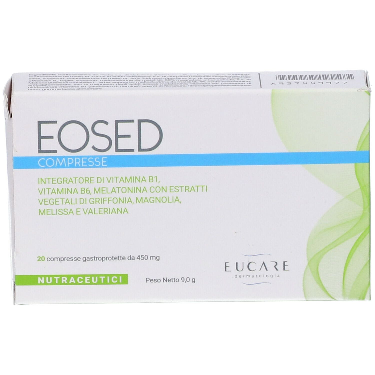 Scatola "Eosed Compresse". Testo: "Integratore di vitamina B1, B6, melatonina". 20 compresse. Marchio: Eucare.