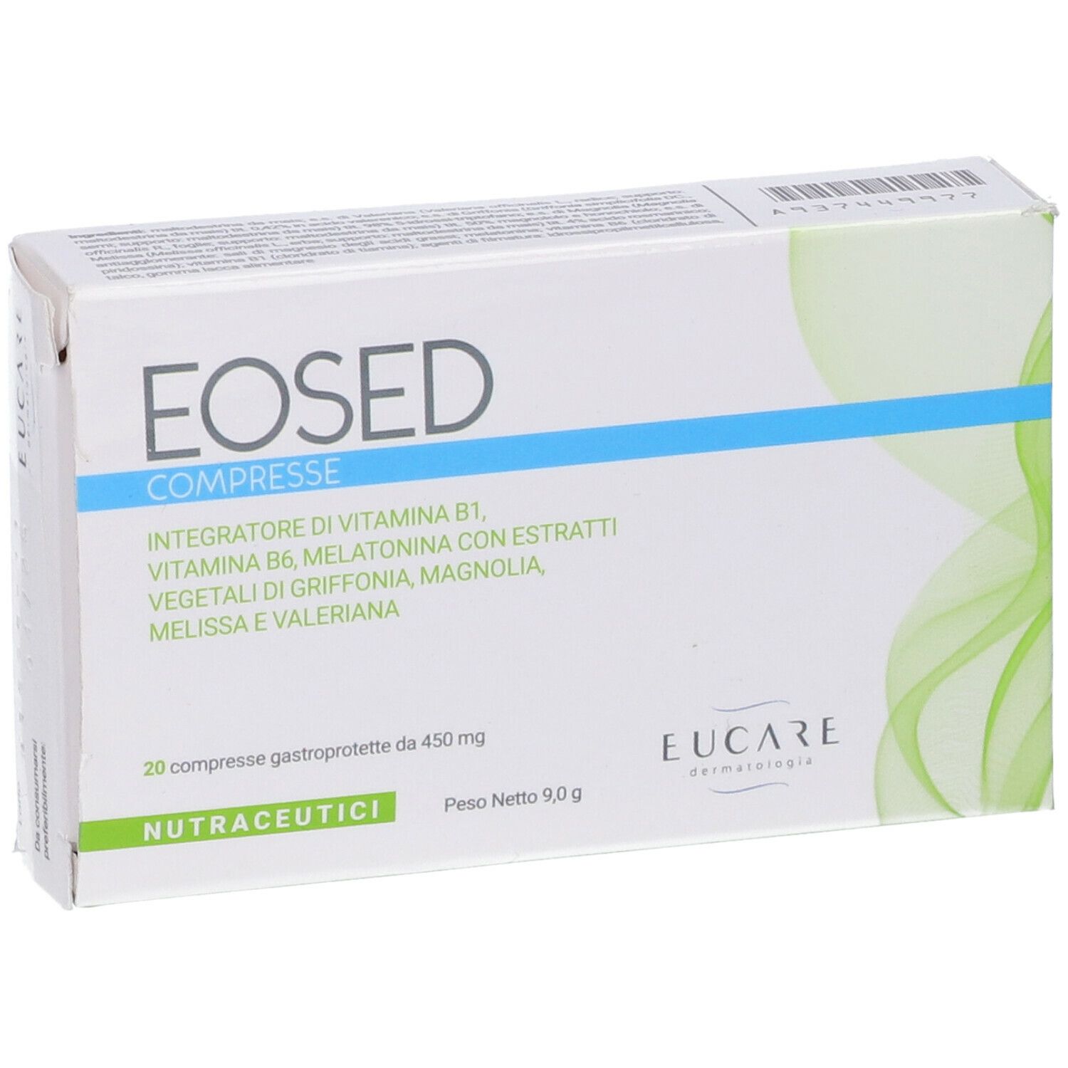 Scatola "Eosed Compresse". Testo: "Integratore di vitamina B1, B6, melatonina". 20 compresse. Marchio: Eucare.