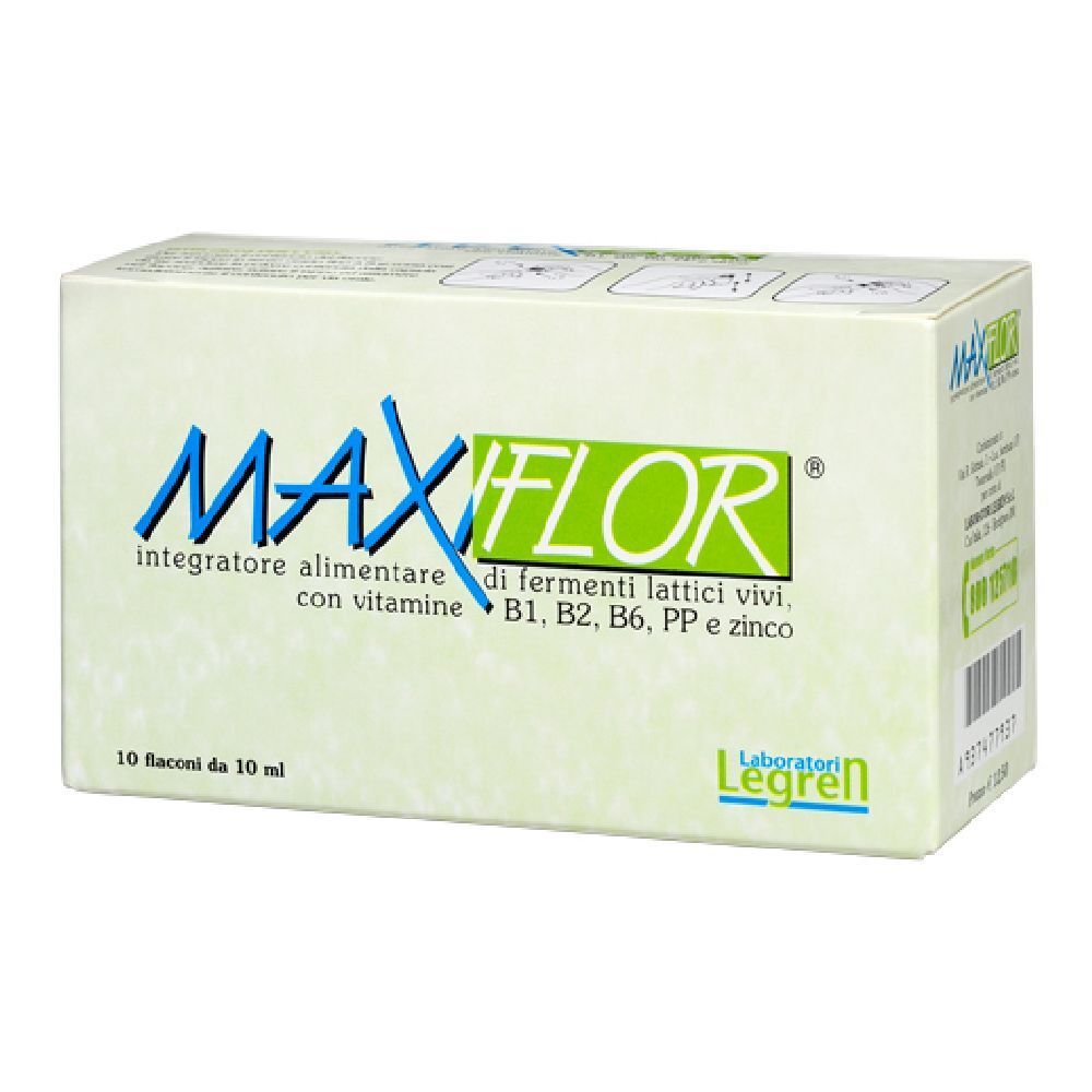 Confezione di Maxiflor® Flaconcini. Contiene 10 flaconcini. Scritta: Integratore alimentare con vitamine B1, B2, B6, PP e zinco.
