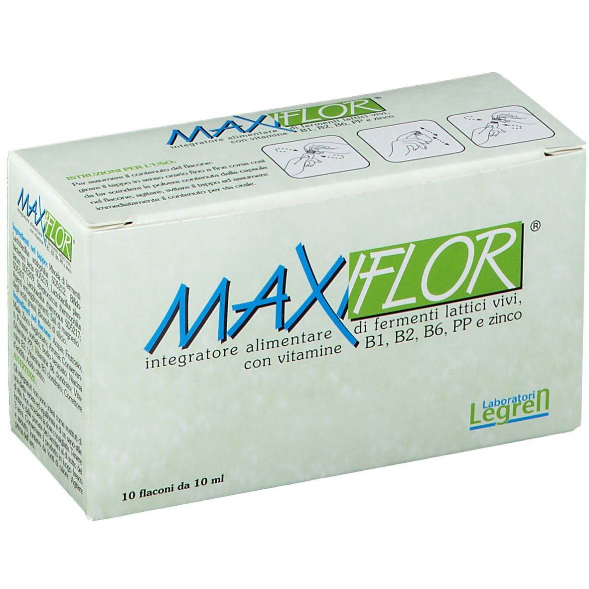 Confezione di Maxiflor® Flaconcini. Contiene 10 flaconcini. Istruzioni illustrate sulla confezione.