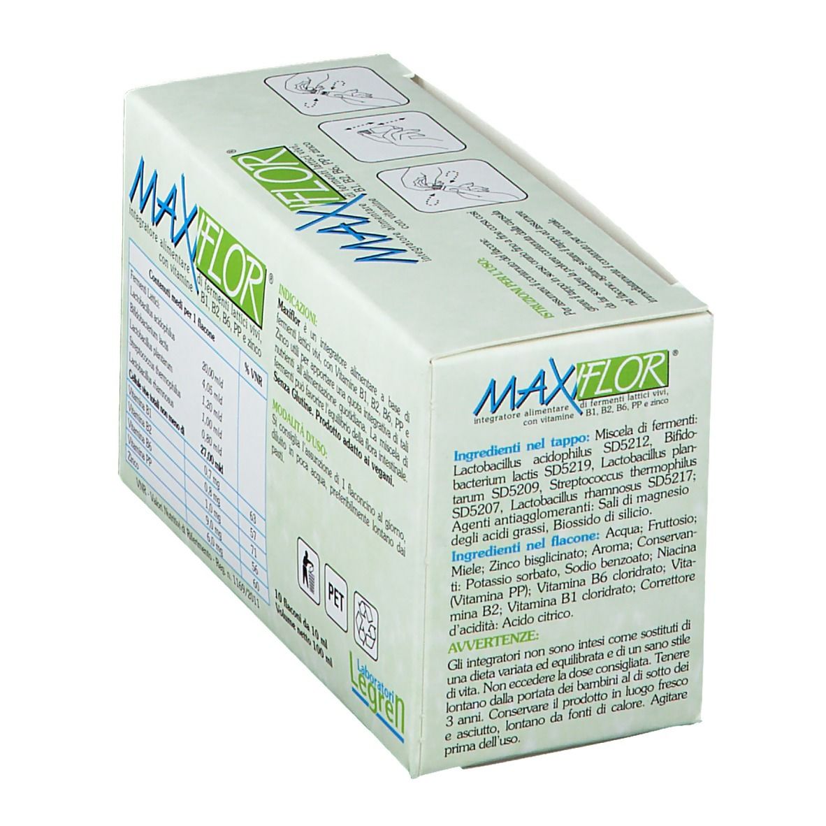 Confezione di Maxiflor® Flaconcini. Contiene 10 flaconcini. Ingredienti e informazioni nutrizionali sulla confezione.