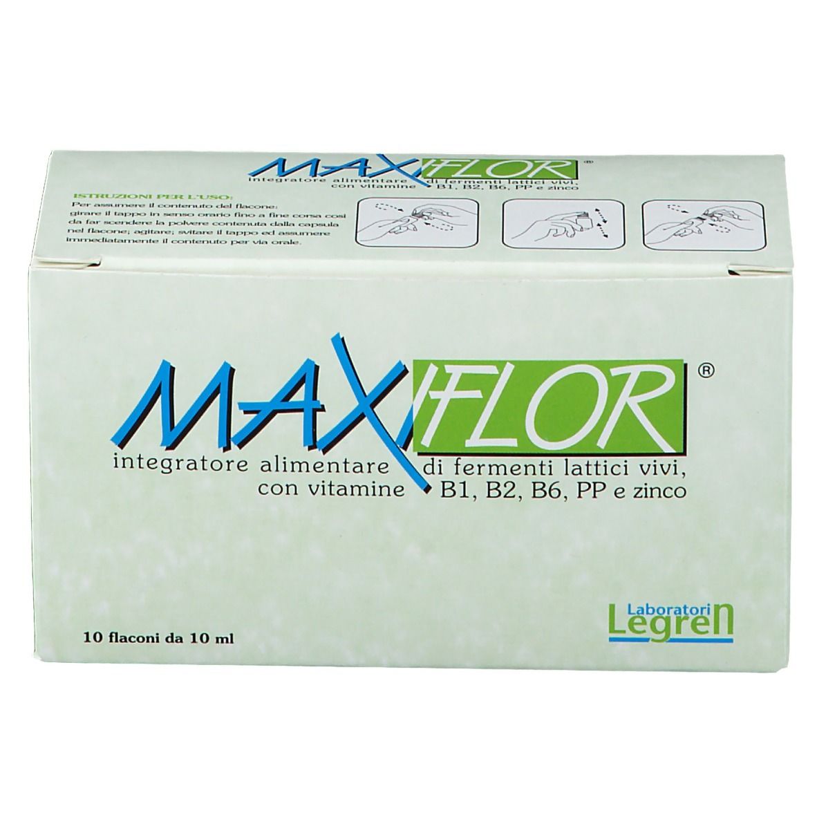 Confezione di Maxiflor® Flaconcini. Contiene 10 flaconcini. Ingredienti e informazioni nutrizionali sulla confezione.