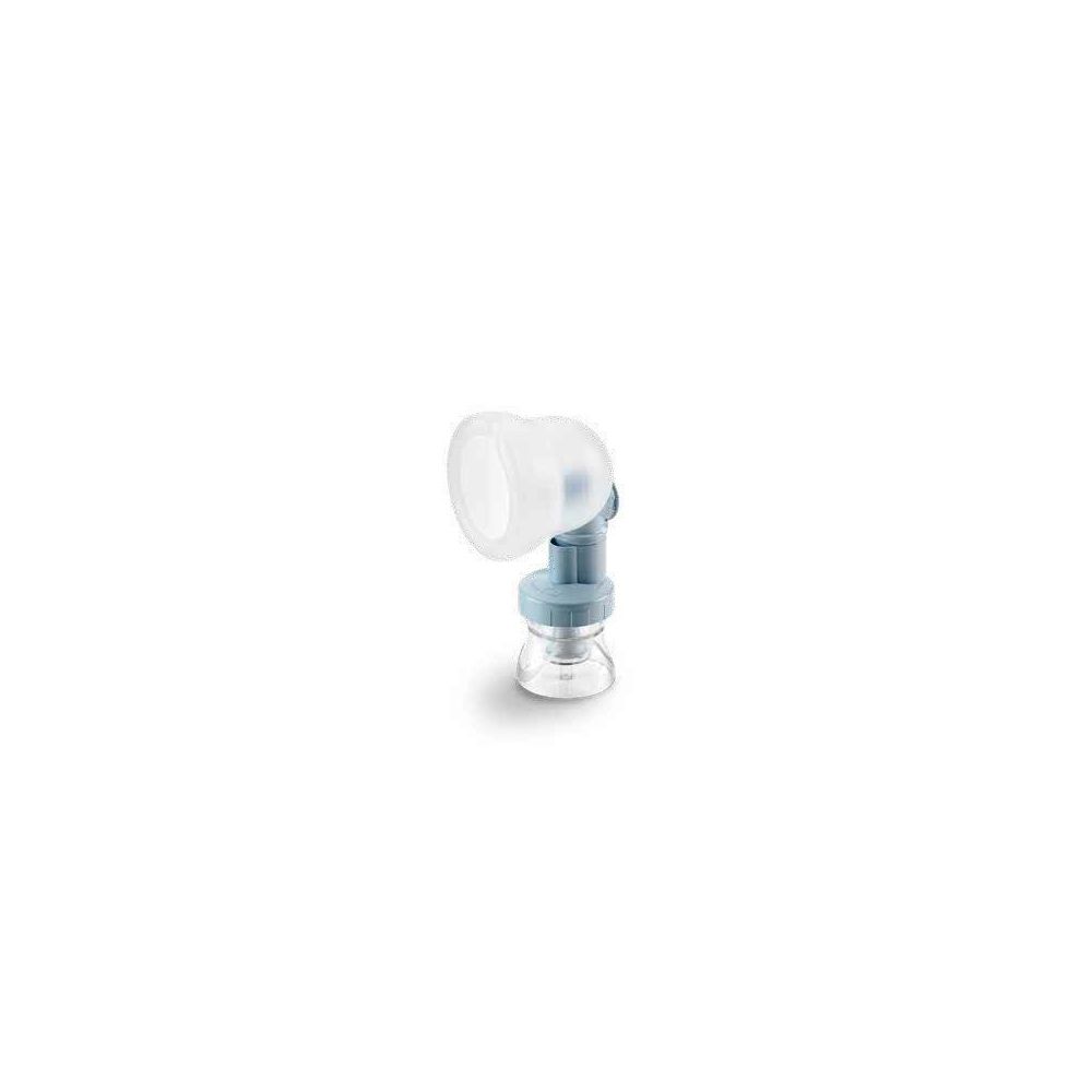 Maschera respiratoria con raccordo angolare e serbatoio. Blu chiaro e trasparente. Per aerosolterapia.