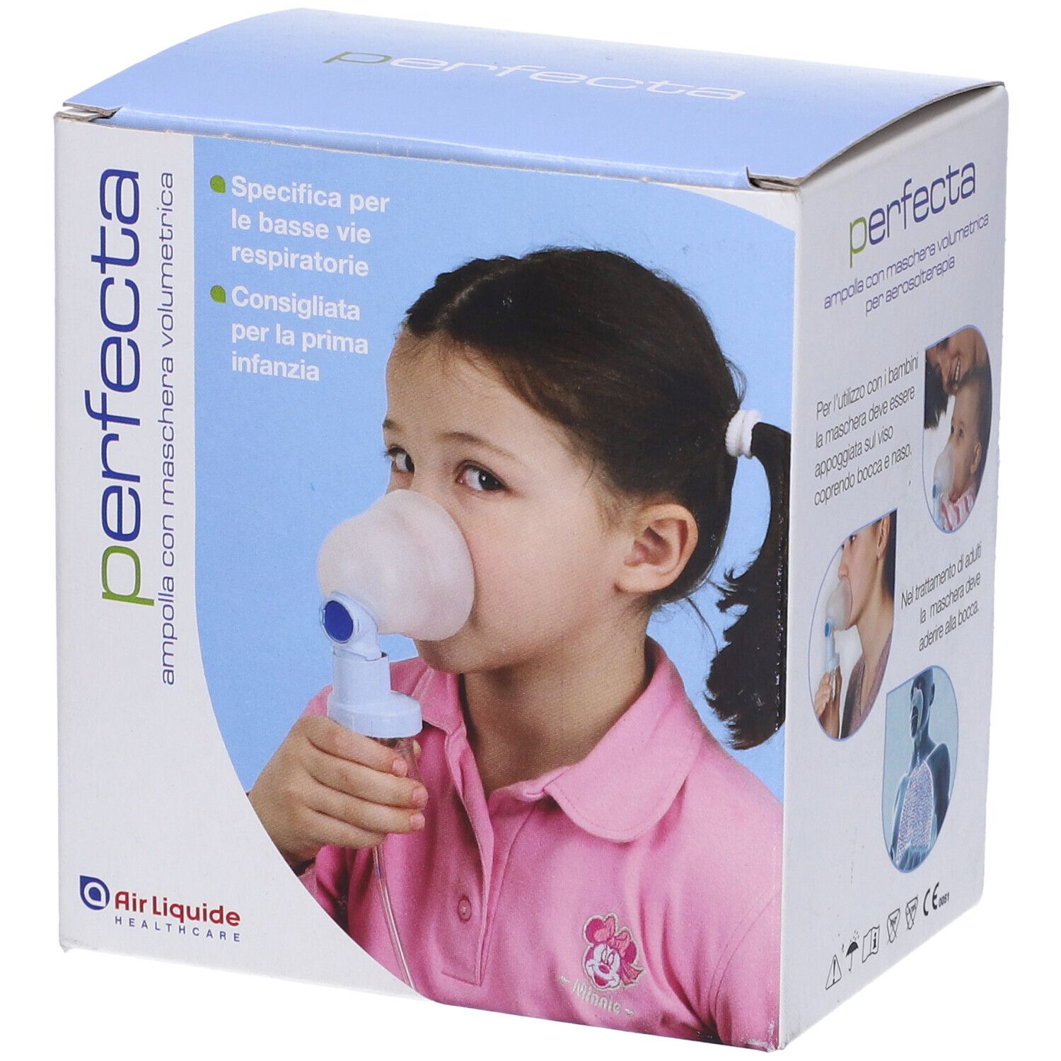 Confezione con immagine del prodotto. Bambina con maschera. Testo: perfecta, Air Liquide Healthcare.