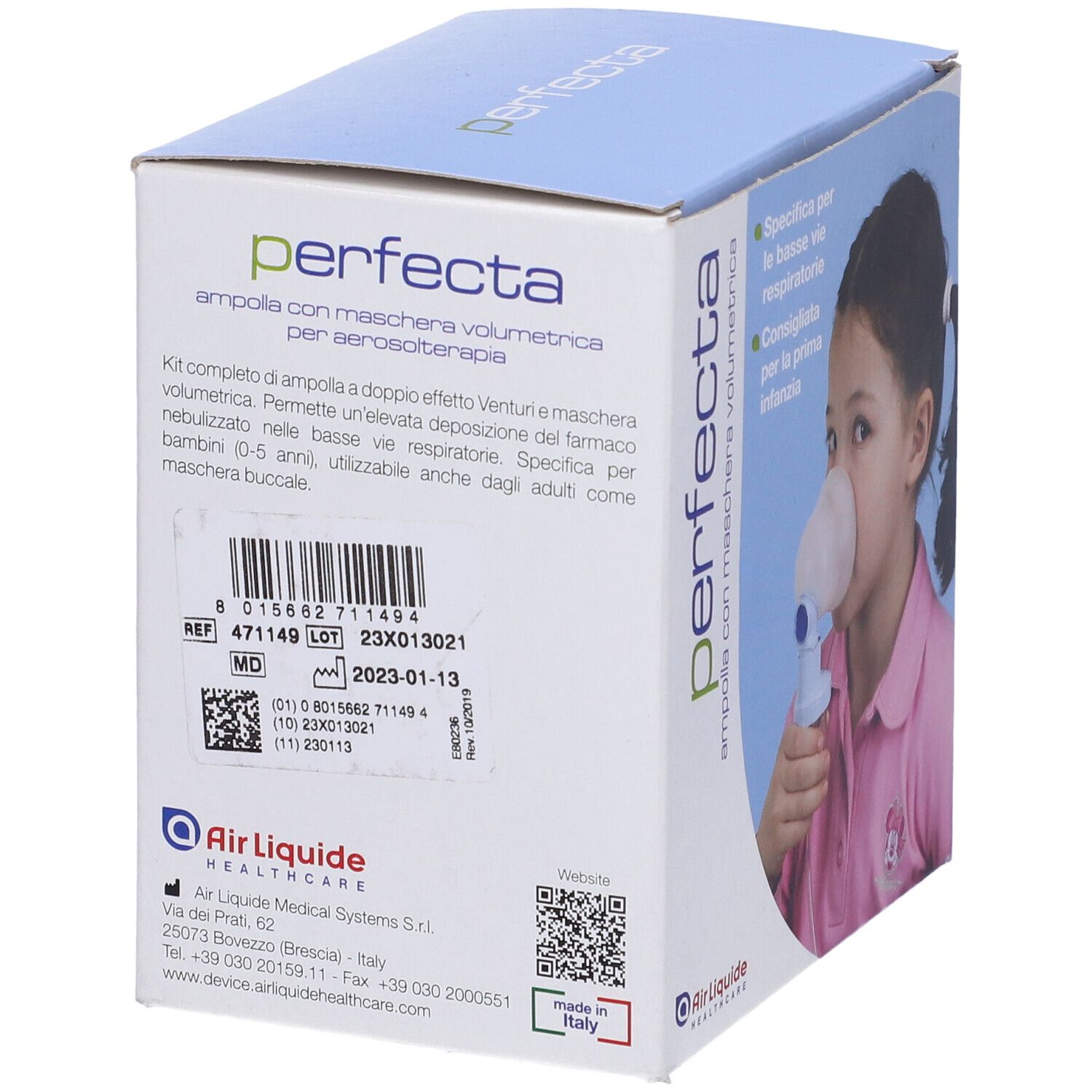 Confezione con immagine del prodotto. Bambina con maschera. Testo: perfecta, Air Liquide Healthcare.