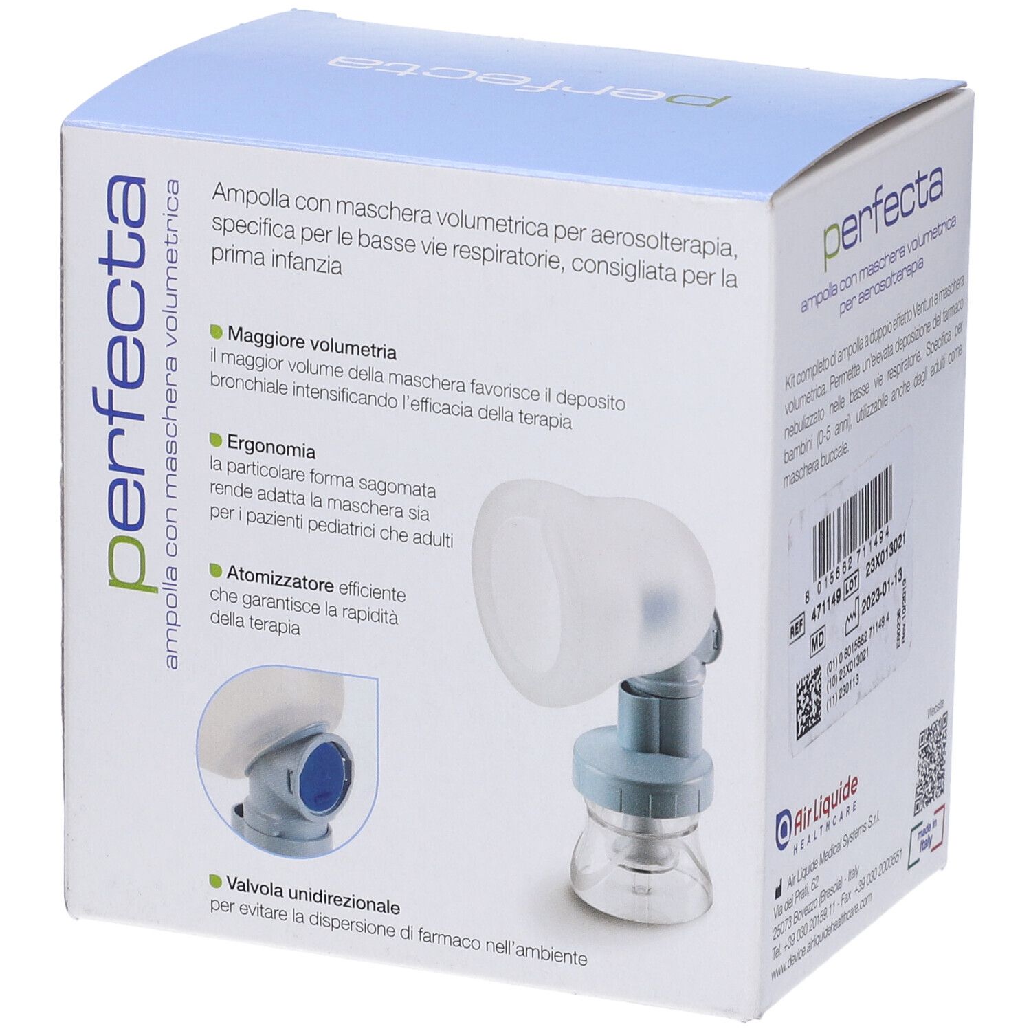 Confezione con immagine del prodotto. Bambina con maschera. Testo: perfecta, Air Liquide Healthcare.