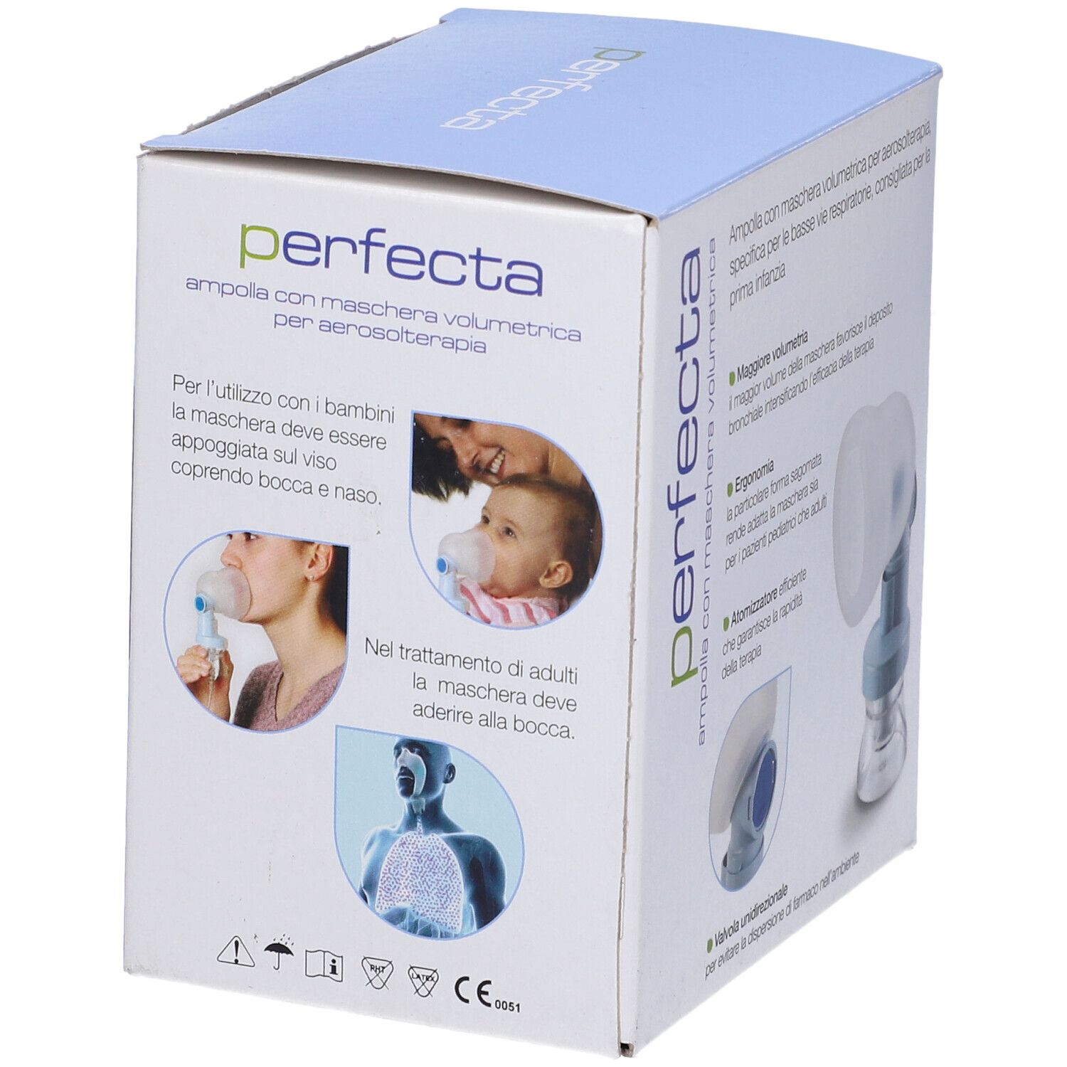 Confezione con immagine del prodotto. Bambina con maschera. Testo: perfecta, Air Liquide Healthcare.