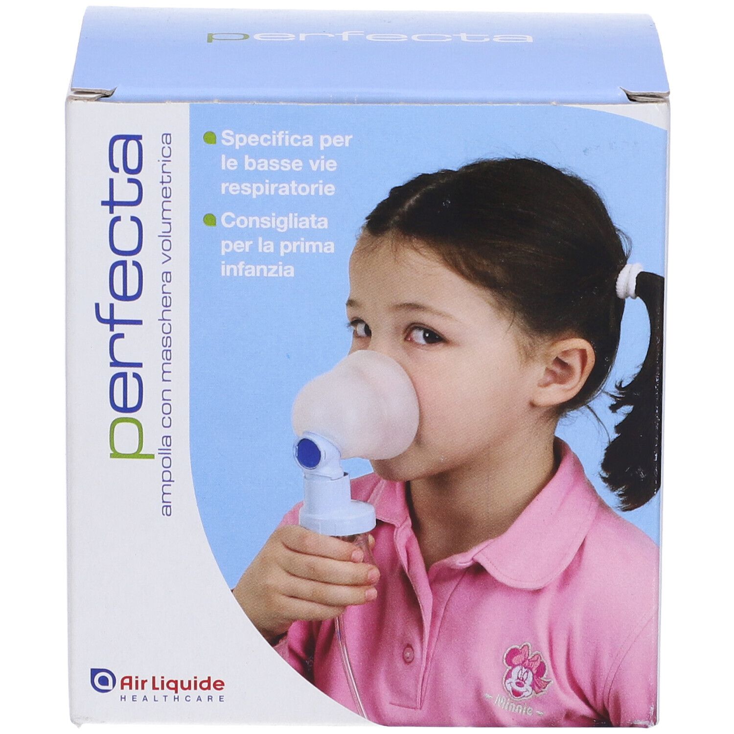 Confezione con immagine del prodotto. Bambina con maschera. Testo: perfecta, Air Liquide Healthcare.