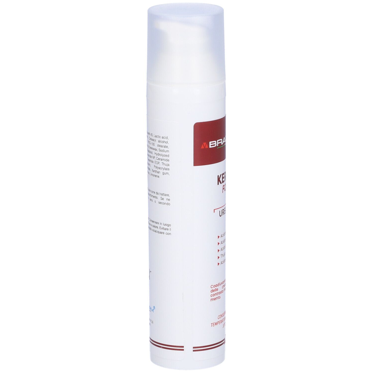 Flacone bianco, vista laterale. Etichetta rossa con testo. Tappo trasparente.
