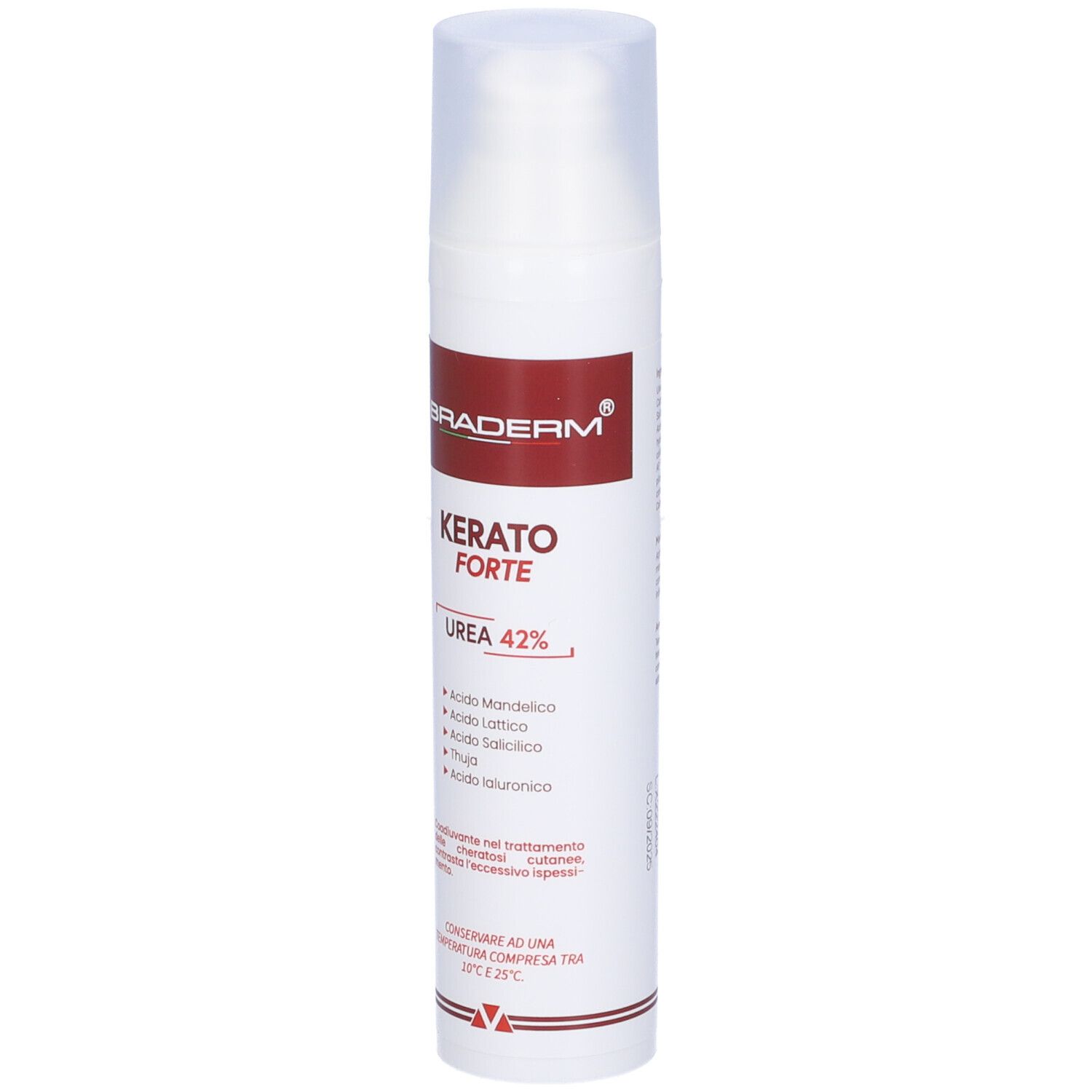 Flacone bianco con etichetta rossa. Testo: Braderm, Kerato Forte, Urea 42%.