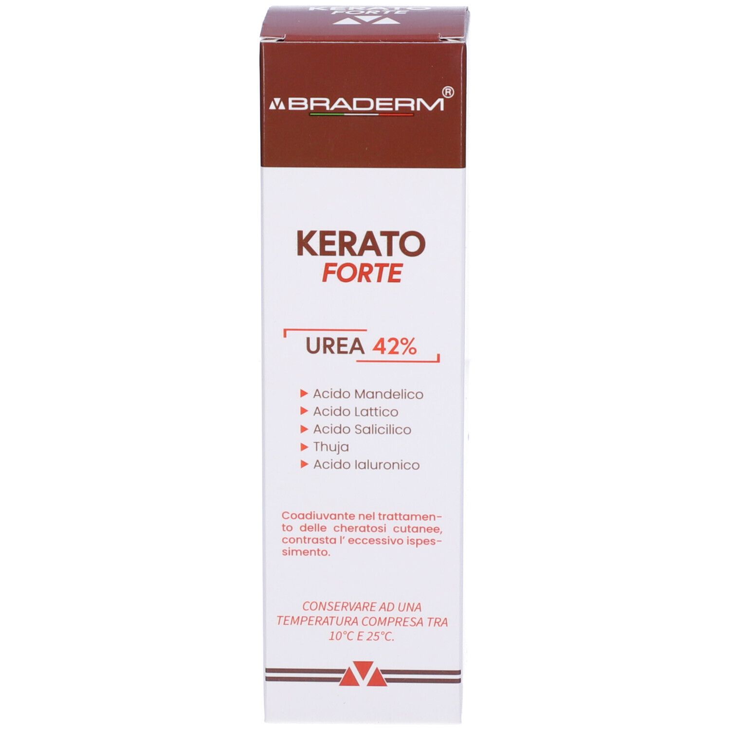 Confezione in cartone. Testo: Kerato Forte, Urea 42%. Design rosso e bianco.
