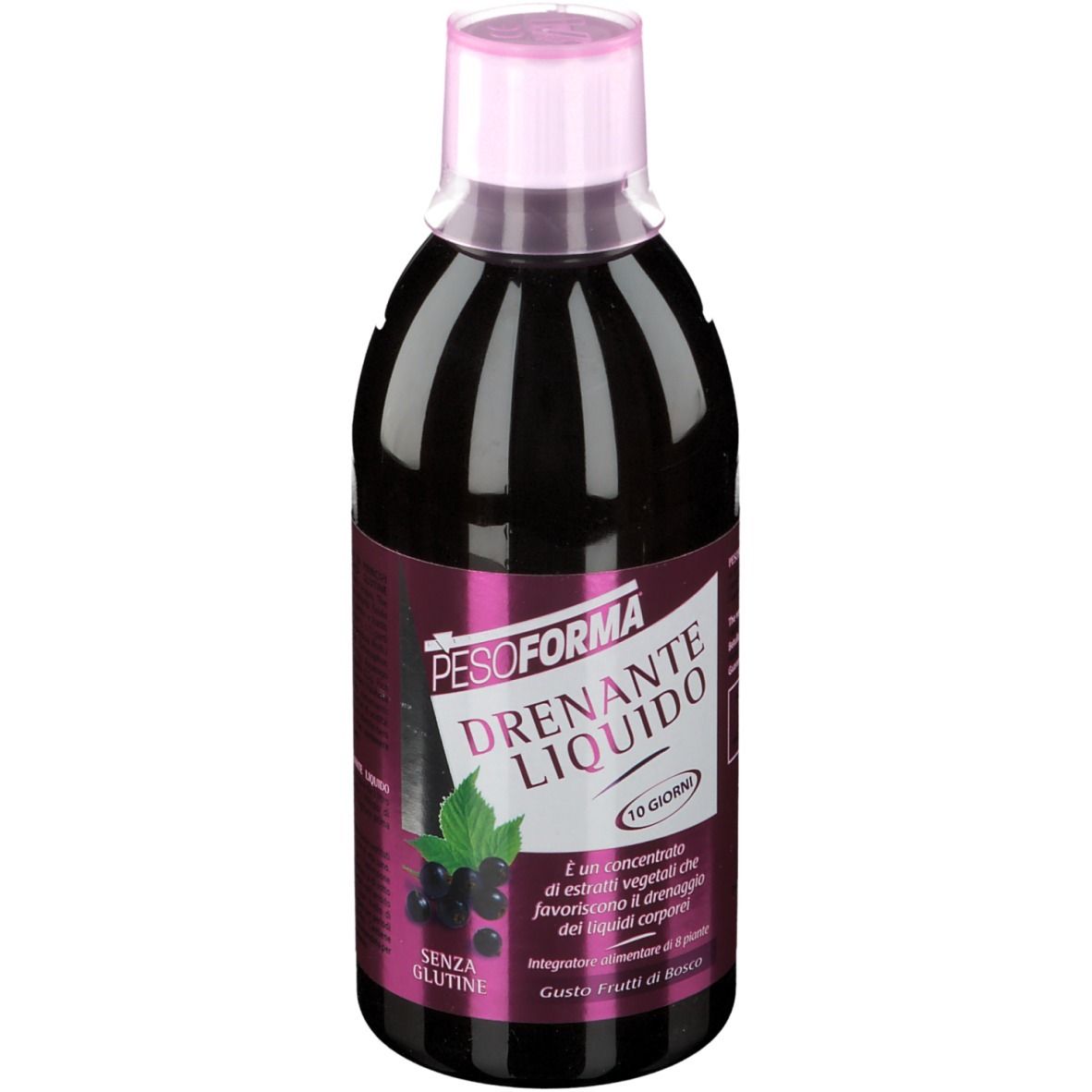 Bottiglia di PESOFORMA Drenante Liquido, tappo rosa. Etichetta con nome prodotto, illustrazione di ribes nero e testo.