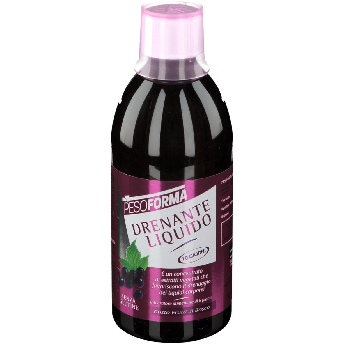 Bottiglia di PESOFORMA Drenante Liquido, tappo rosa. Etichetta con nome prodotto, illustrazione di ribes nero e testo.