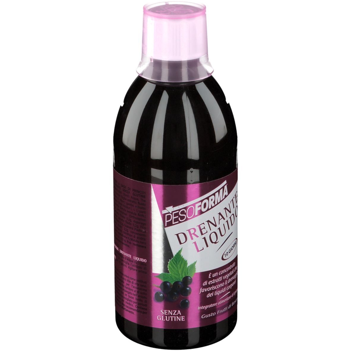 Bottiglia di PESOFORMA Drenante Liquido, tappo rosa. Etichetta con nome prodotto, illustrazione di ribes nero e testo.