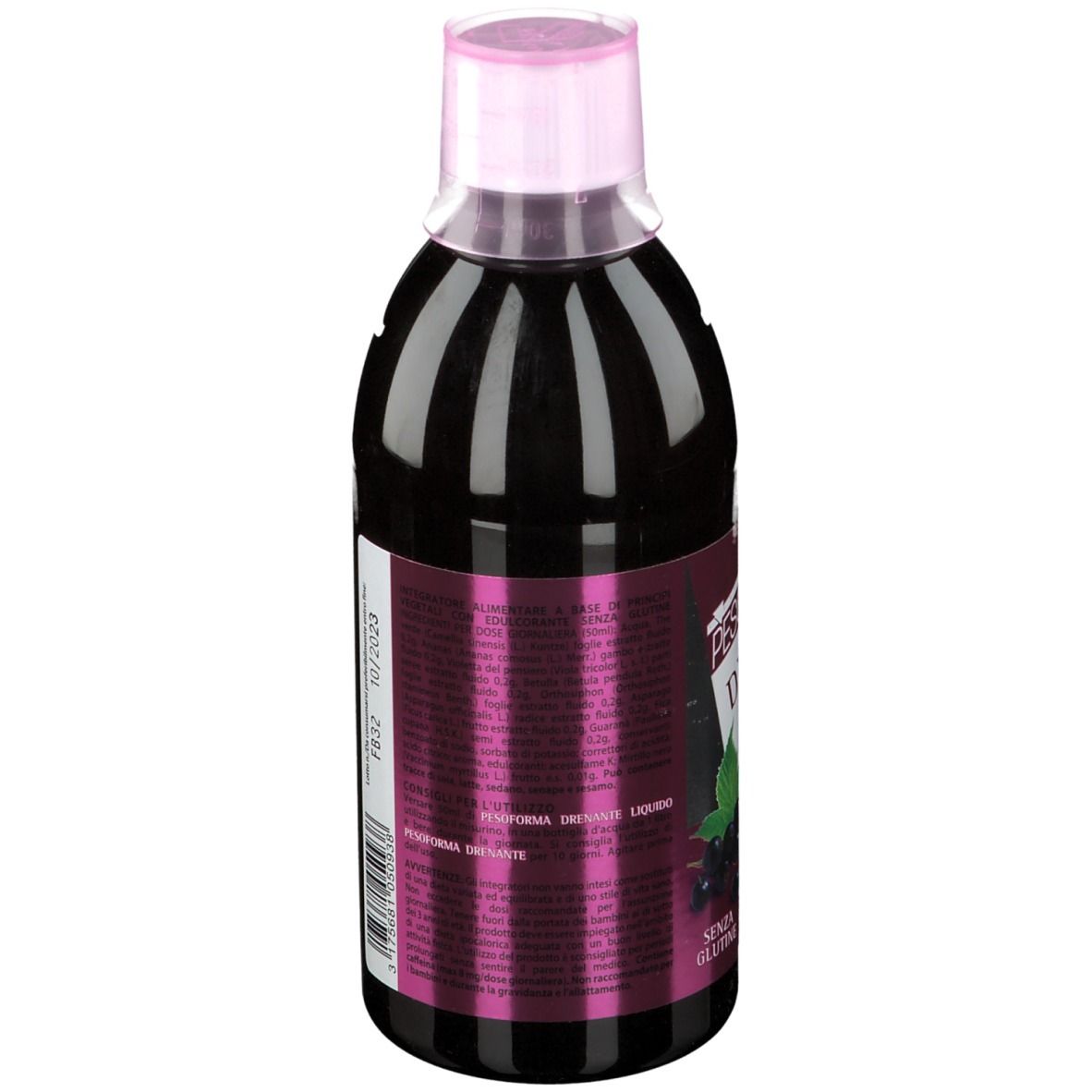 Retro della bottiglia di PESOFORMA Drenante Liquido. Tappo rosa. Etichetta con informazioni sul prodotto e testo.