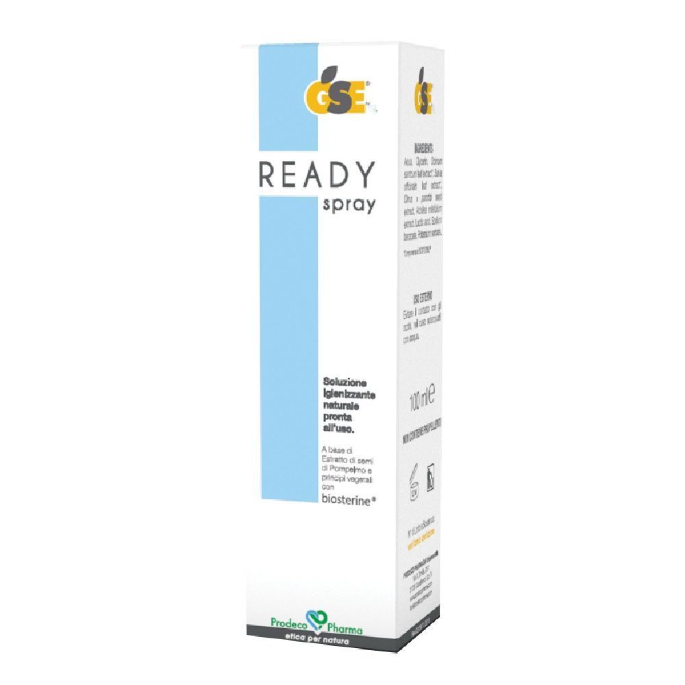 Scatola bianca con banda blu. Scritta: READY spray. Logo: GSE. Testo in italiano.