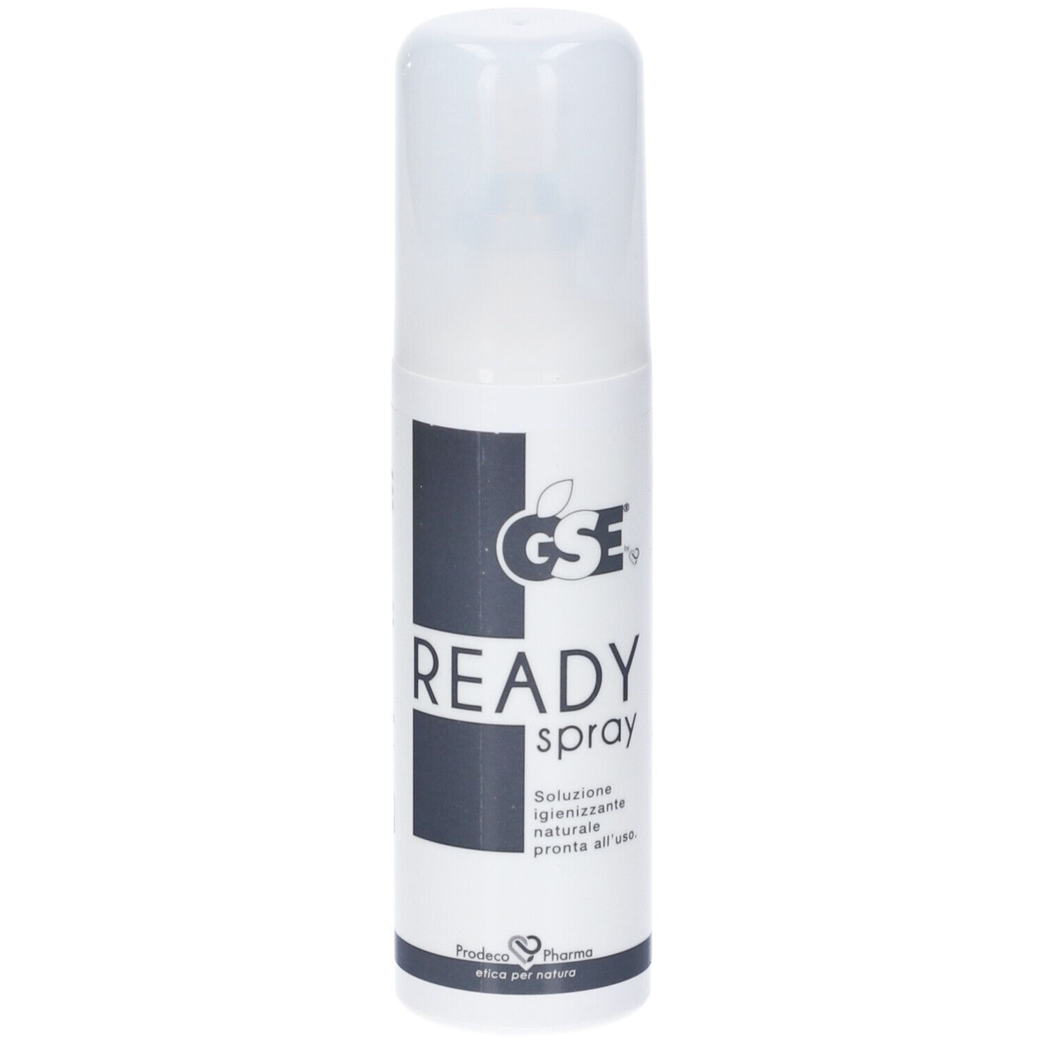 Flacone spray bianco con tappo bianco. Scritta: READY spray. Logo: GSE. Sfondo nero.