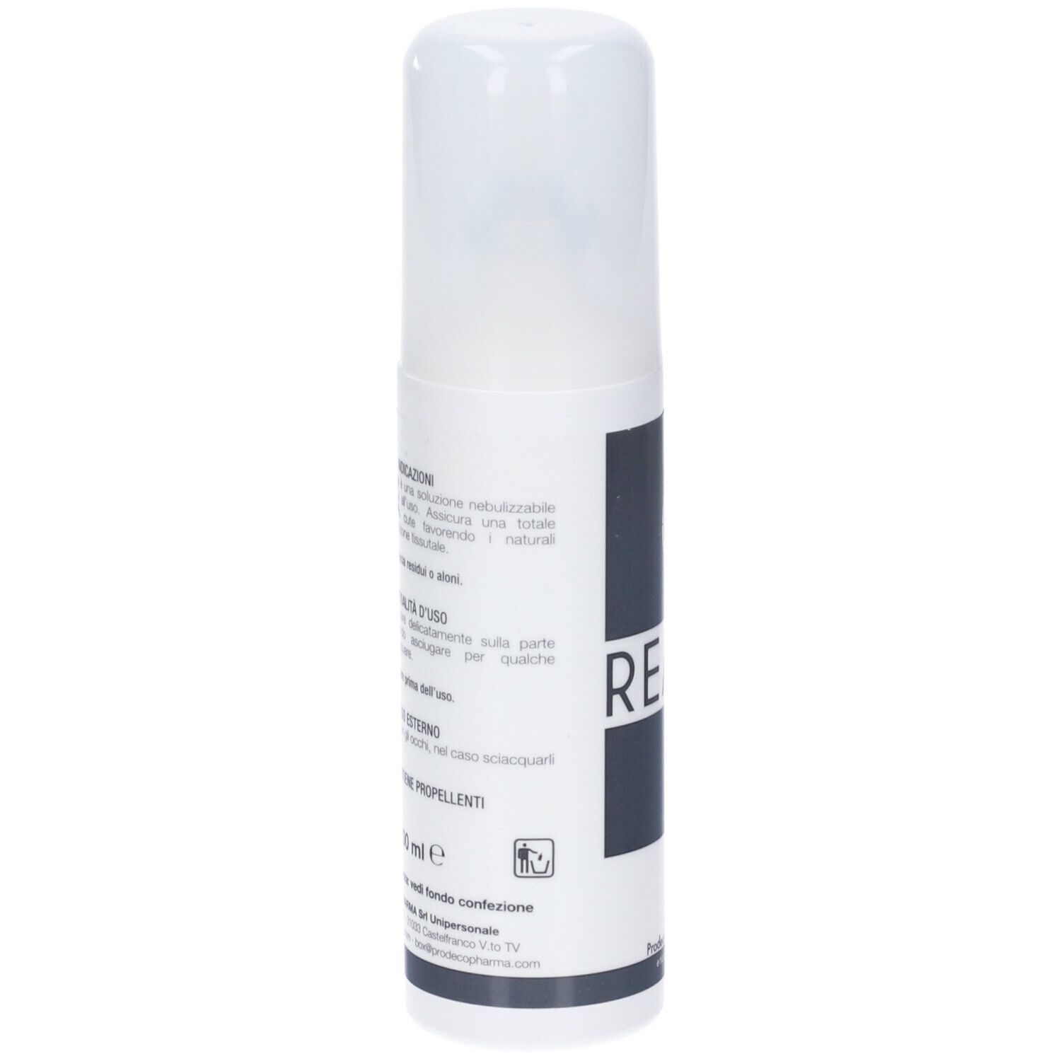 Flacone spray bianco con tappo bianco. Scritta: READY spray. Logo: GSE. Testo in italiano.
