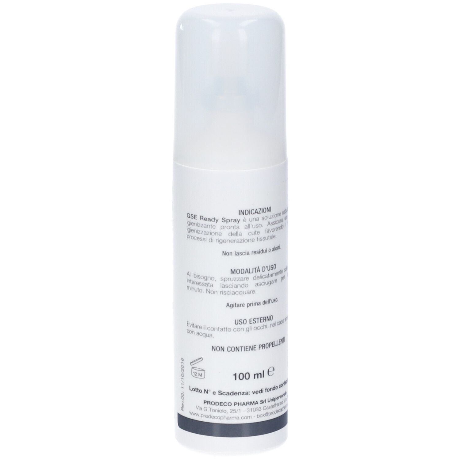 Flacone spray bianco con tappo bianco. Scritta: READY spray. Logo: GSE. Testo in italiano.
