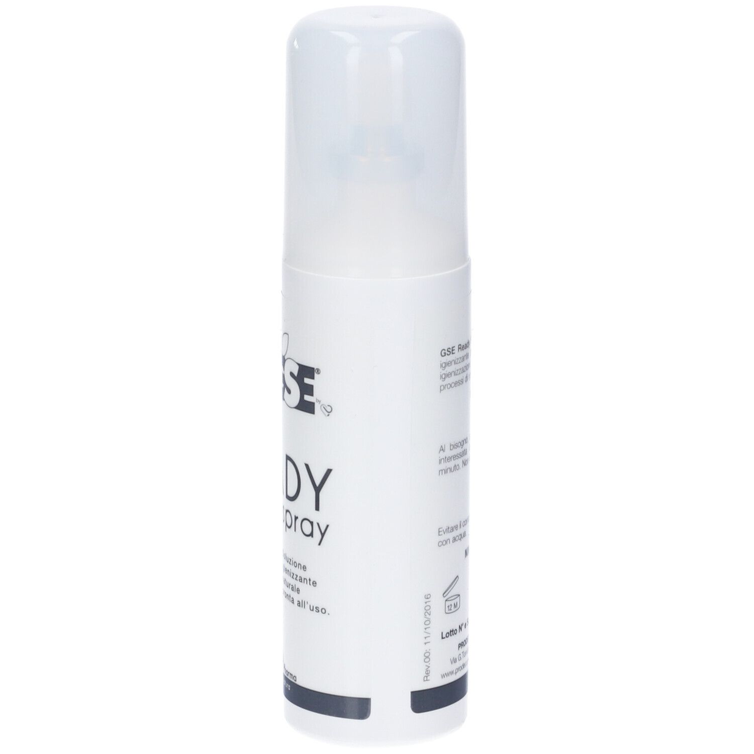 Flacone spray bianco con tappo bianco. Scritta: READY spray. Logo: GSE. Testo in italiano.