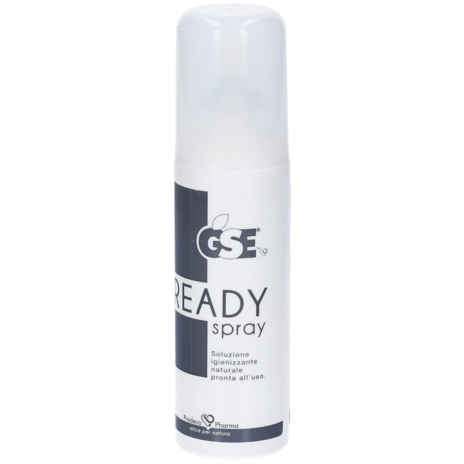 Flacone spray bianco con tappo bianco. Scritta: READY spray. Logo: GSE. Testo in italiano.