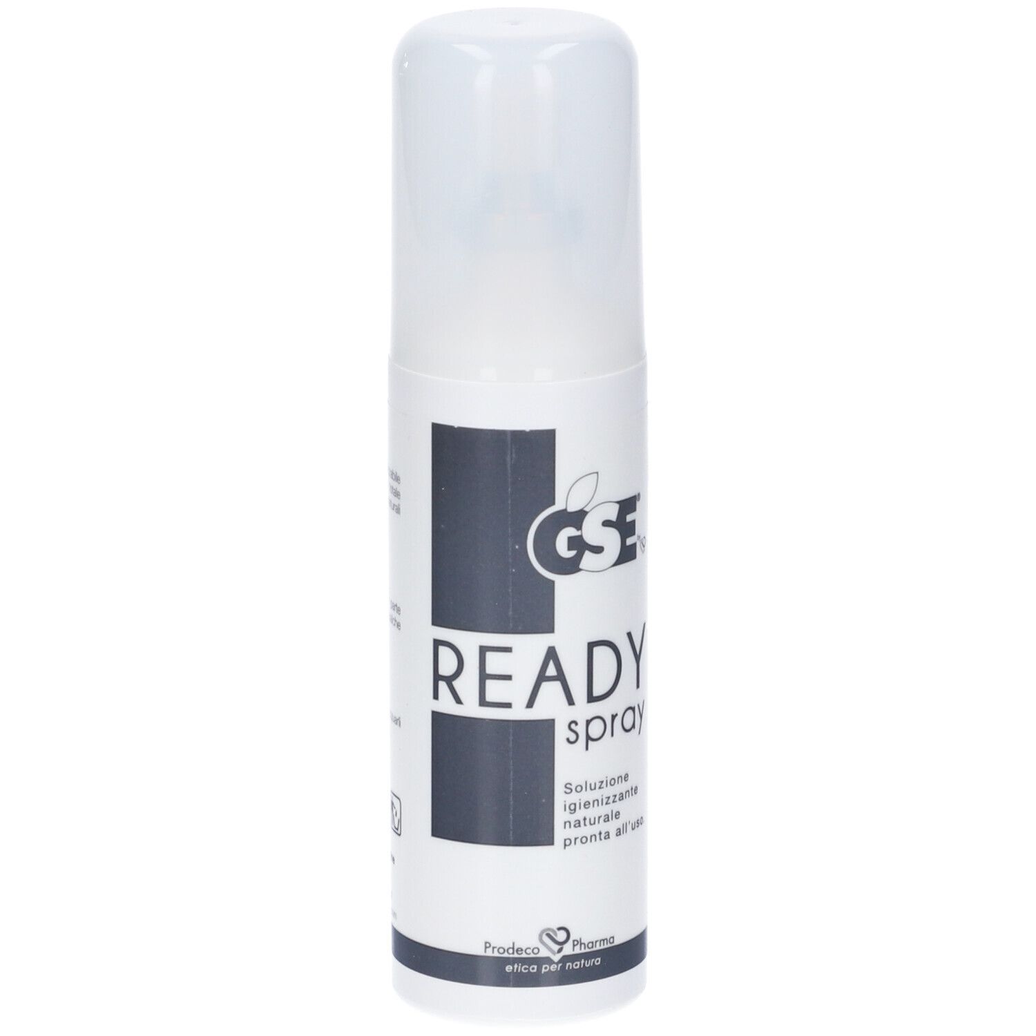 Flacone spray bianco con tappo bianco. Scritta: READY spray. Logo: GSE. Testo in italiano.