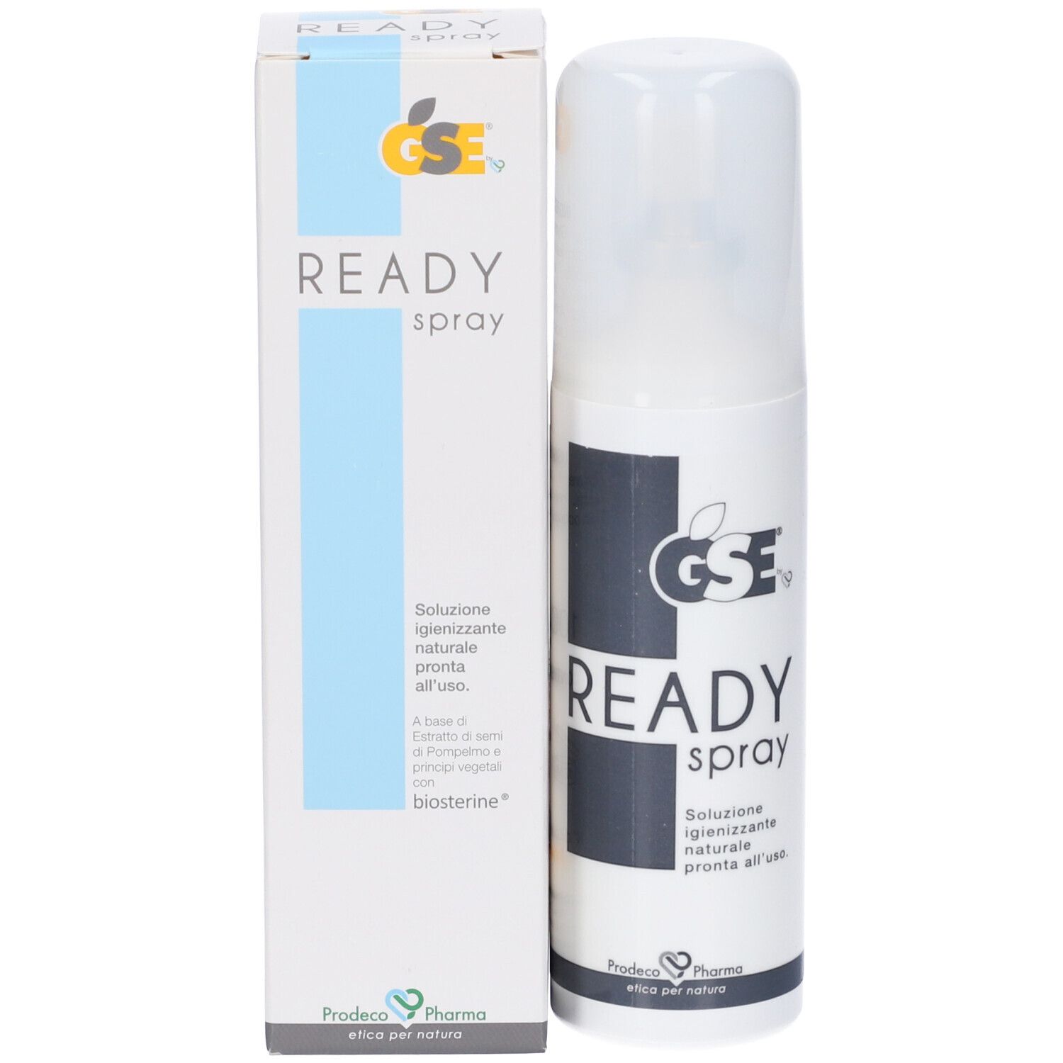 Flacone spray bianco con tappo bianco. Scritta: READY spray. Logo: GSE. Testo in italiano.