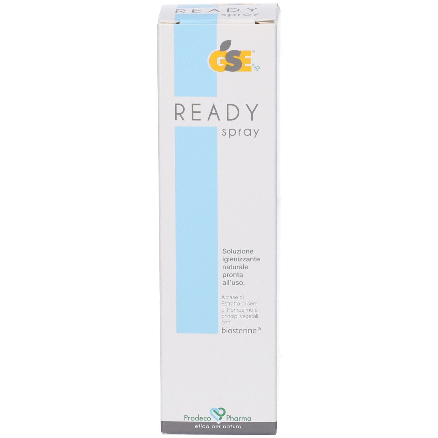 Flacone spray bianco e scatola. Scritta: READY spray. Logo: GSE. Testo in italiano.